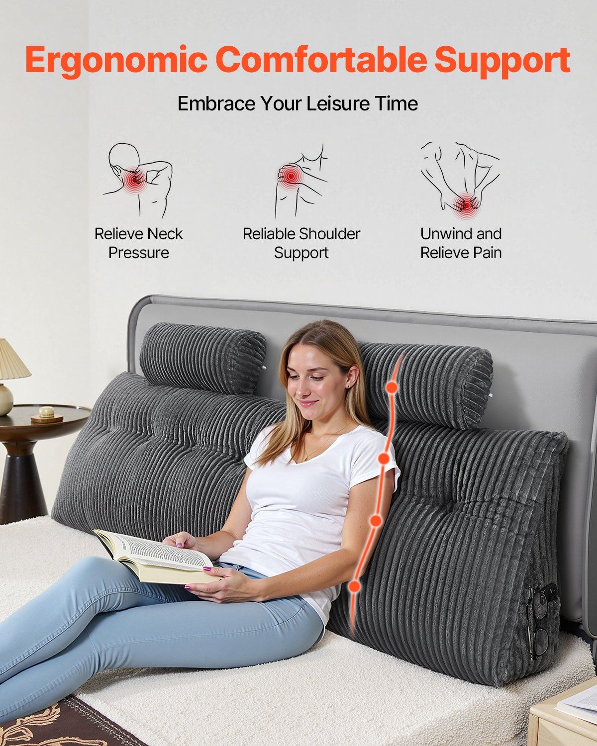 Headboard Pillow, King Size Wedge Headboard Pillow with 2 Side Pockets and 2 Headrests, Bed Wedge Pillow with Washable Flannel Cloth, for Reading, Gaming, Resting, Working in Bed, Grey