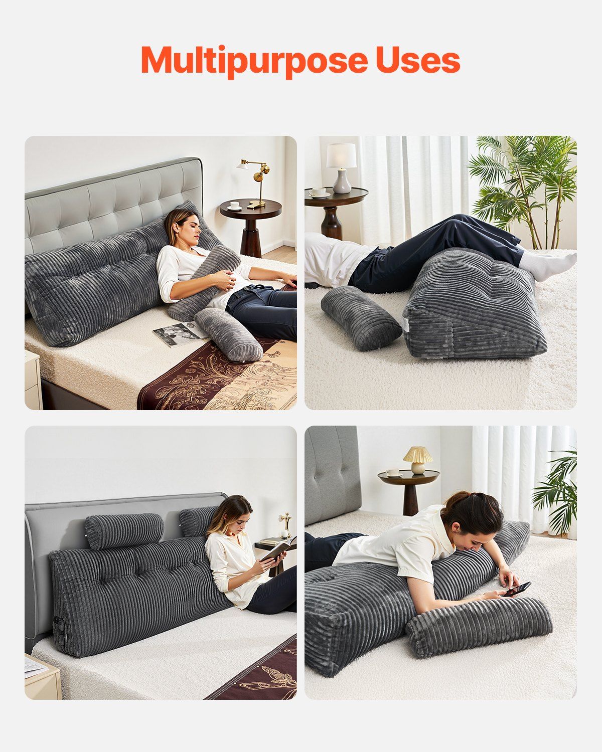Headboard Pillow, King Size Wedge Headboard Pillow with 2 Side Pockets and 2 Headrests, Bed Wedge Pillow with Washable Flannel Cloth, for Reading, Gaming, Resting, Working in Bed, Grey