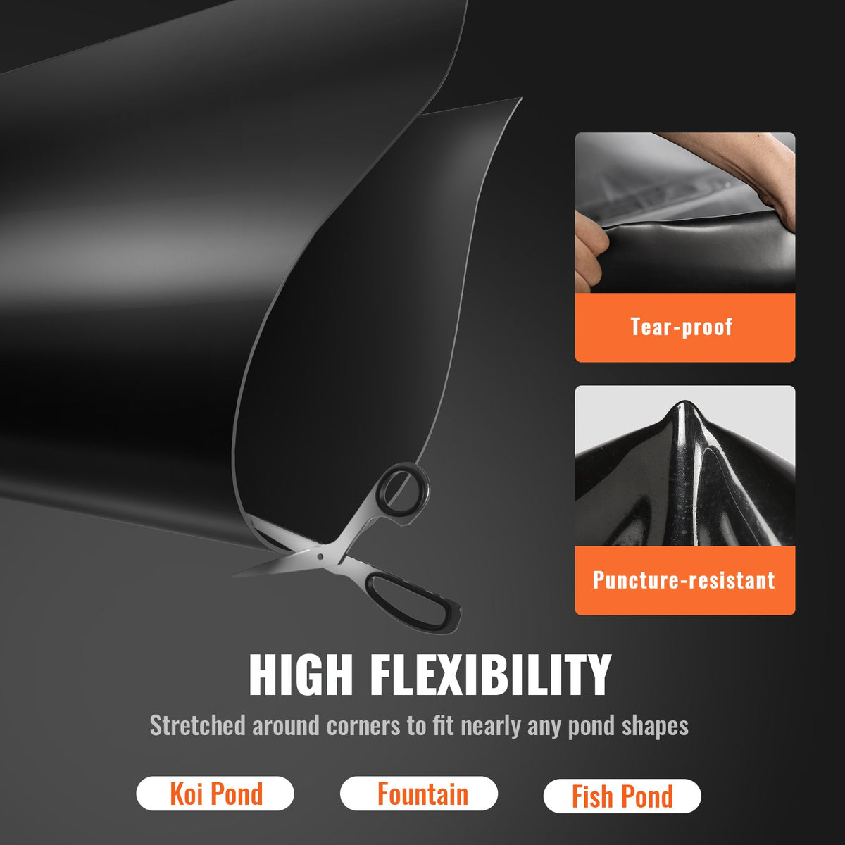 VEVOR Pond Liner, 6 x 7.6 m 45 Mil Thick, Pliable EPDM Material Pond Skins, Easy Cutting Underlayment for Fish or Koi Pond, Waterfall Base, Water Features, Water Gardens, Fountains, Black