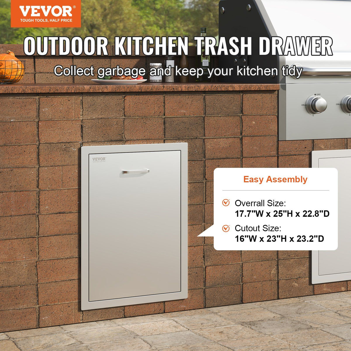 Pull Out Trash Drawer 50x58x57.4 cm Raised Style Trash Bin with Pull-Out Tray Stainless Steel Trash Drawer with Handle for Outdoor Kitchen BBQ Island, Trash Can Not Included