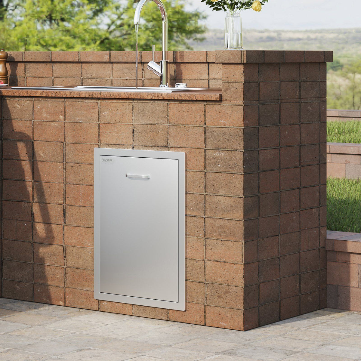 Pull Out Trash Drawer 50x58x57.4 cm Raised Style Trash Bin with Pull-Out Tray Stainless Steel Trash Drawer with Handle for Outdoor Kitchen BBQ Island, Trash Can Not Included