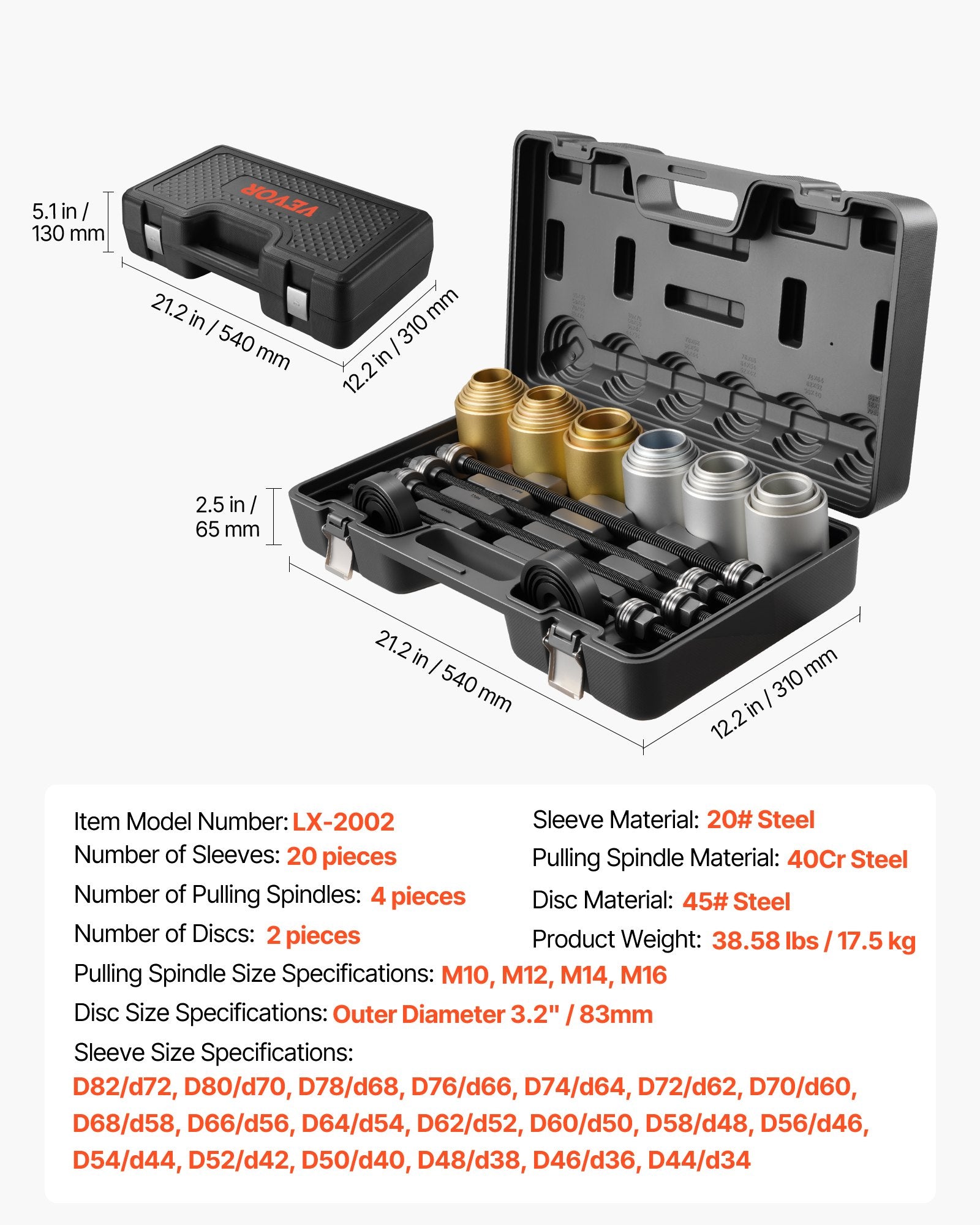 VEVOR Pull and Press Sleeve Kit, 26 PCS, Steel Bush Removal Insertion Sleeve Tools with Carrying Case, Compatible with LCV and HGV Engines, for Removing and Installing Bushings, Bearings, and Seals