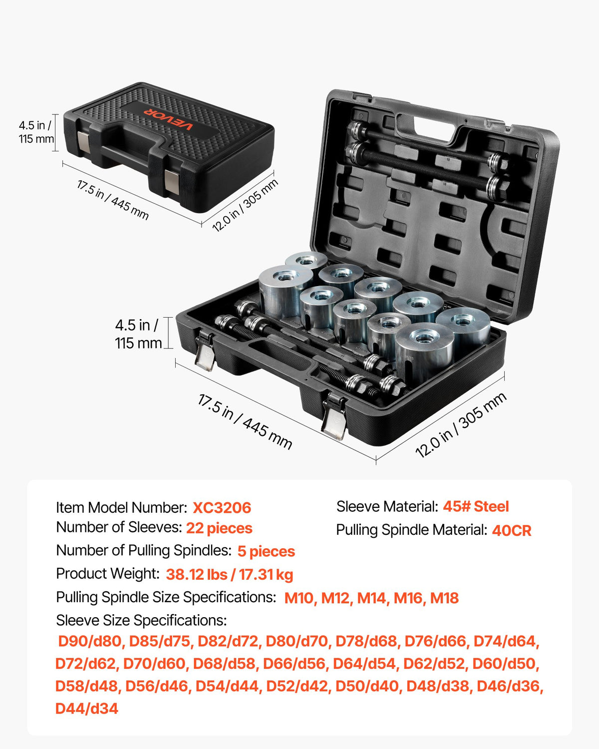 VEVOR Pull and Press Sleeve Kit, 27 PCS, Steel Bush Removal Insertion Sleeve Tools with Carrying Case, Compatible with LCV and HGV Engines, for Removing and Installing Bushings, Bearings, and Seals