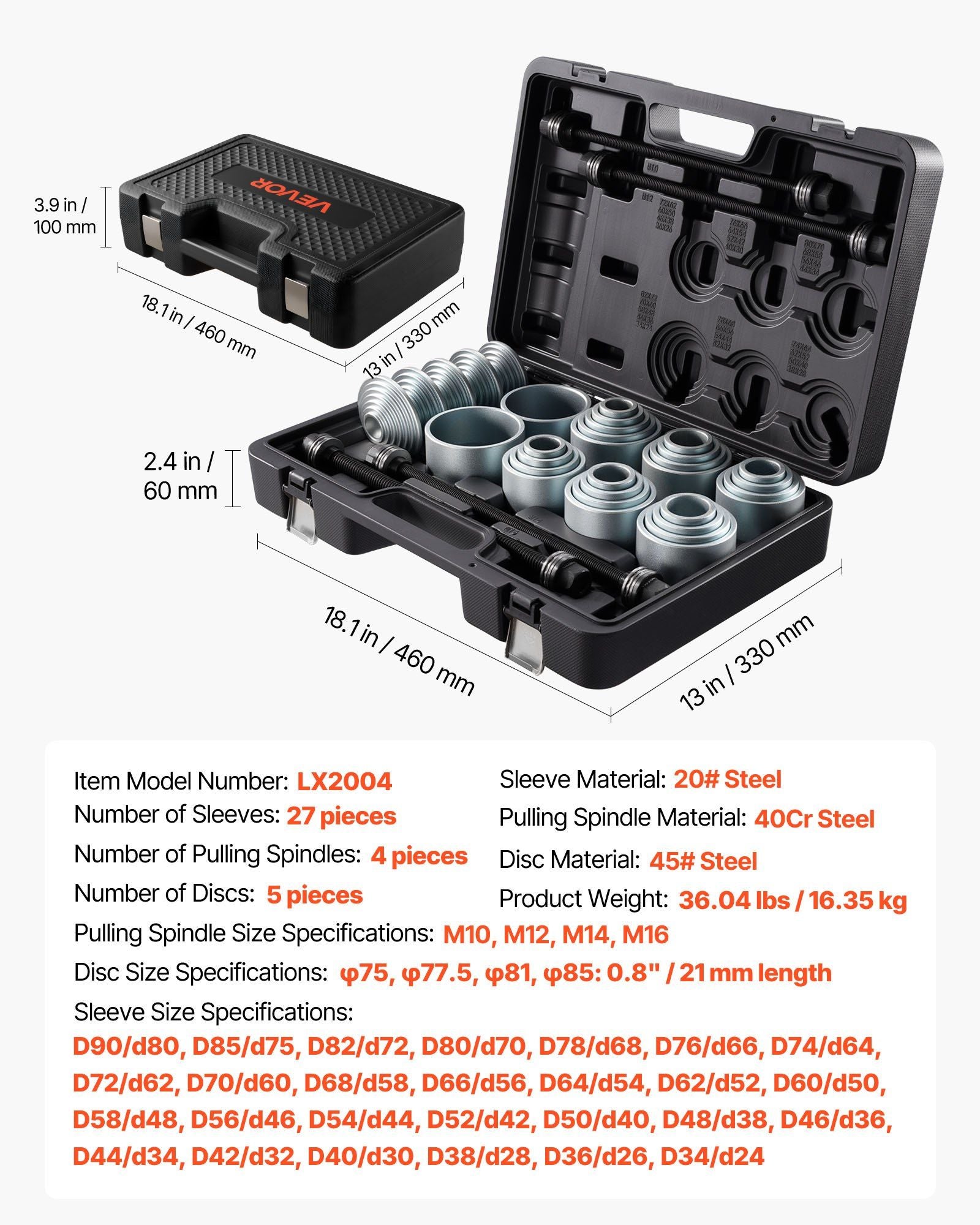 Pull and Press Sleeve Kit, 36 PCS, Steel Bush Removal Insertion Sleeve Tools with Carrying Case, Compatible with LCV and HGV Engines, for Removing and Installing Bushings, Bearings, and Seals