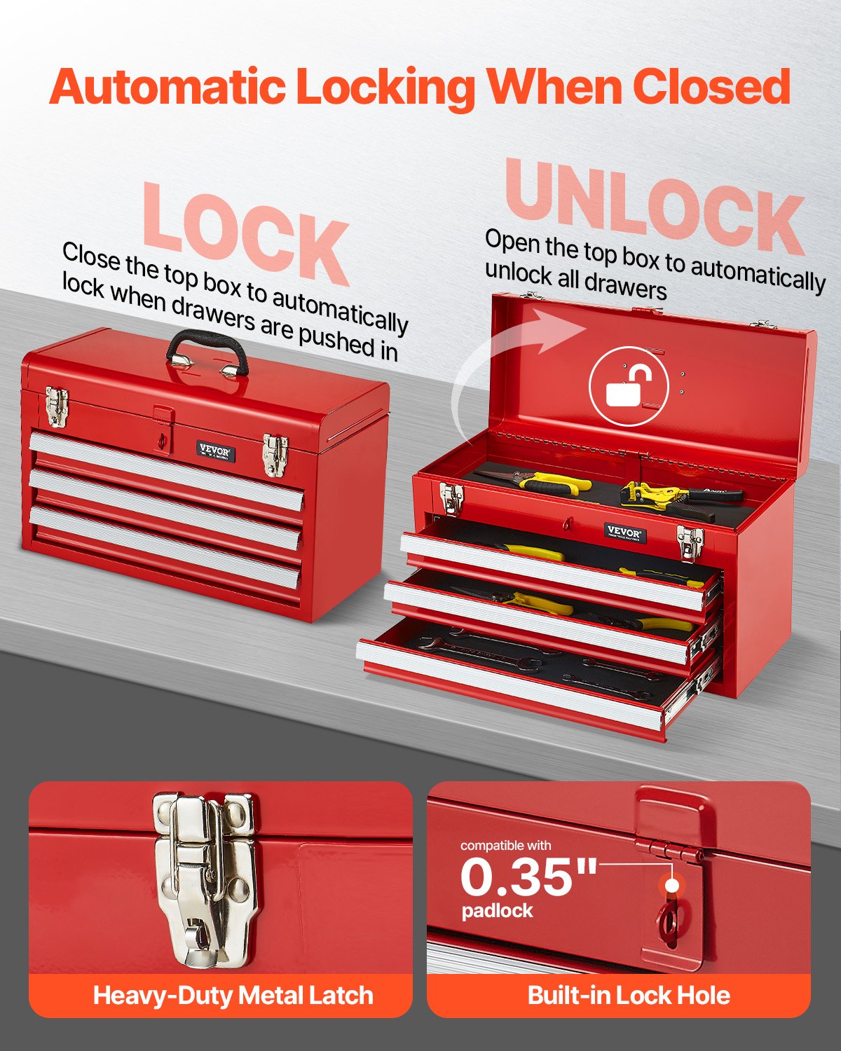 VEVOR Tool Box 520 mm Portable Metal Tool Box 3 Drawers Tool Organizer Red