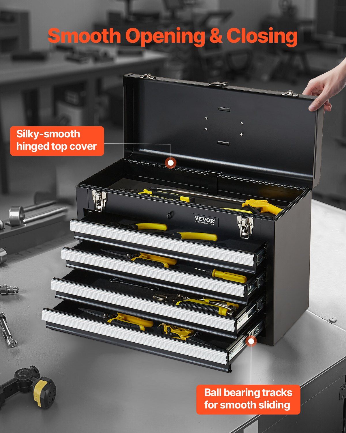 Metal Tool Box, 20.5-inch, Portable Metal Tool Box with 4 Drawers, Small Tool Chest with EVA Liners, Ball Bearing Slide Drawers Locking & Powder Coated Finish, Multi-Function Tool Organizer