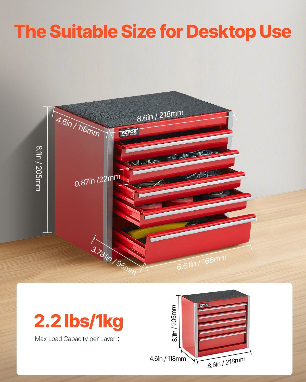 Metal Tool Box, 8.6-inch, Portable Metal Tool Box with 5 Drawers, Small Tool Chest with EVA Liners and PP Feet Pads, Heavy-Duty Steel With Ball Bearing Opening and Powder Coated Finish, Red