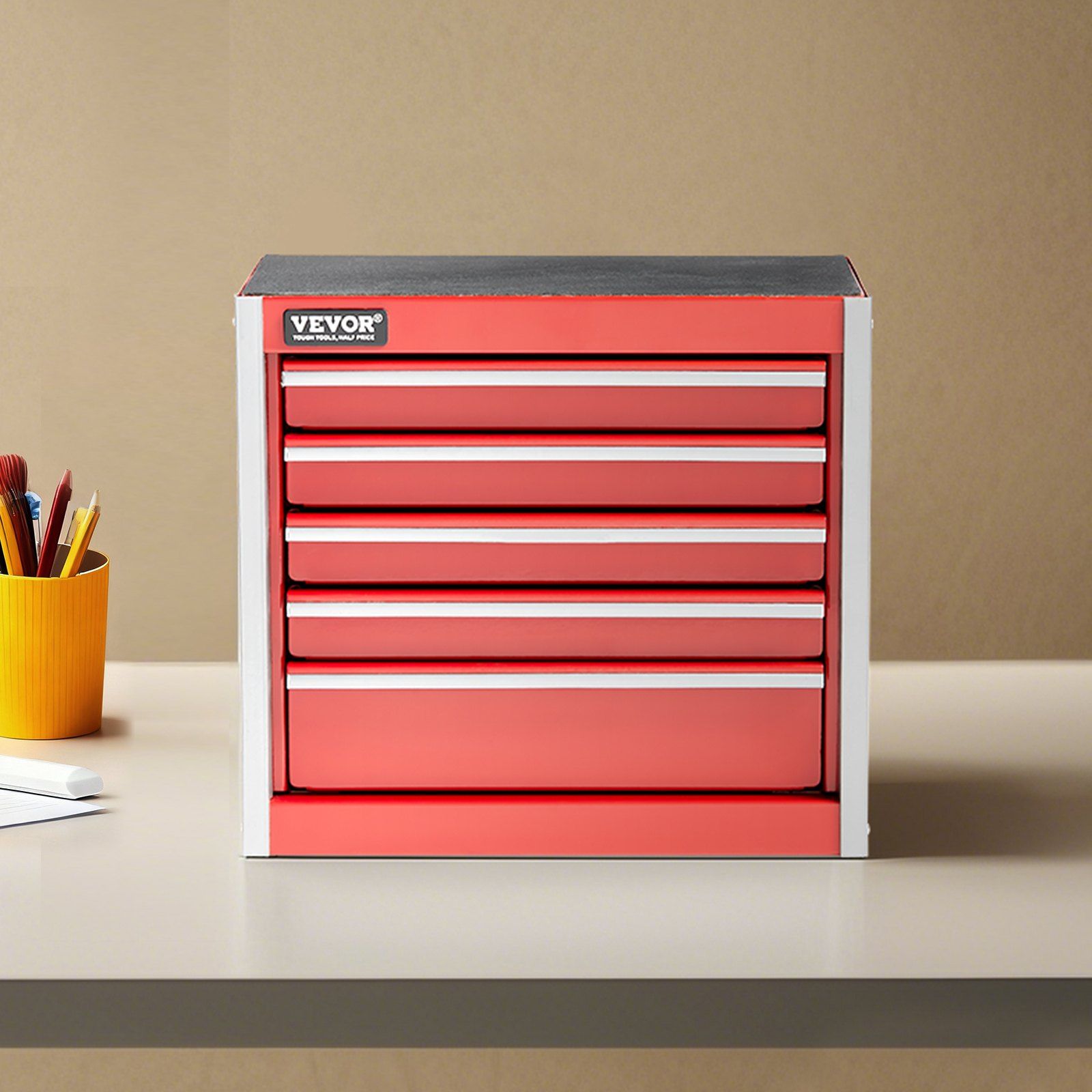 Metal Tool Box, 8.6-inch, Portable Metal Tool Box with 5 Drawers, Small Tool Chest with EVA Liners and PP Feet Pads, Heavy-Duty Steel With Ball Bearing Opening and Powder Coated Finish, Red
