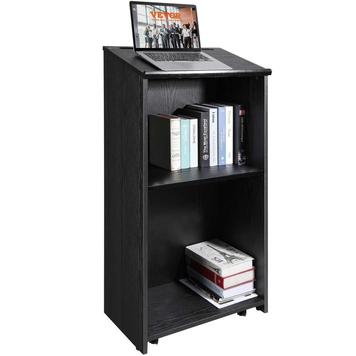 VEVOR Podium Stand, 47 in Hostess Stand with 4 Rolling Wheels, Wood Podium with Storage Shelves, and Slant Desktop, Lecterns &amp; Podiums for Church, Office, School, Home, Black