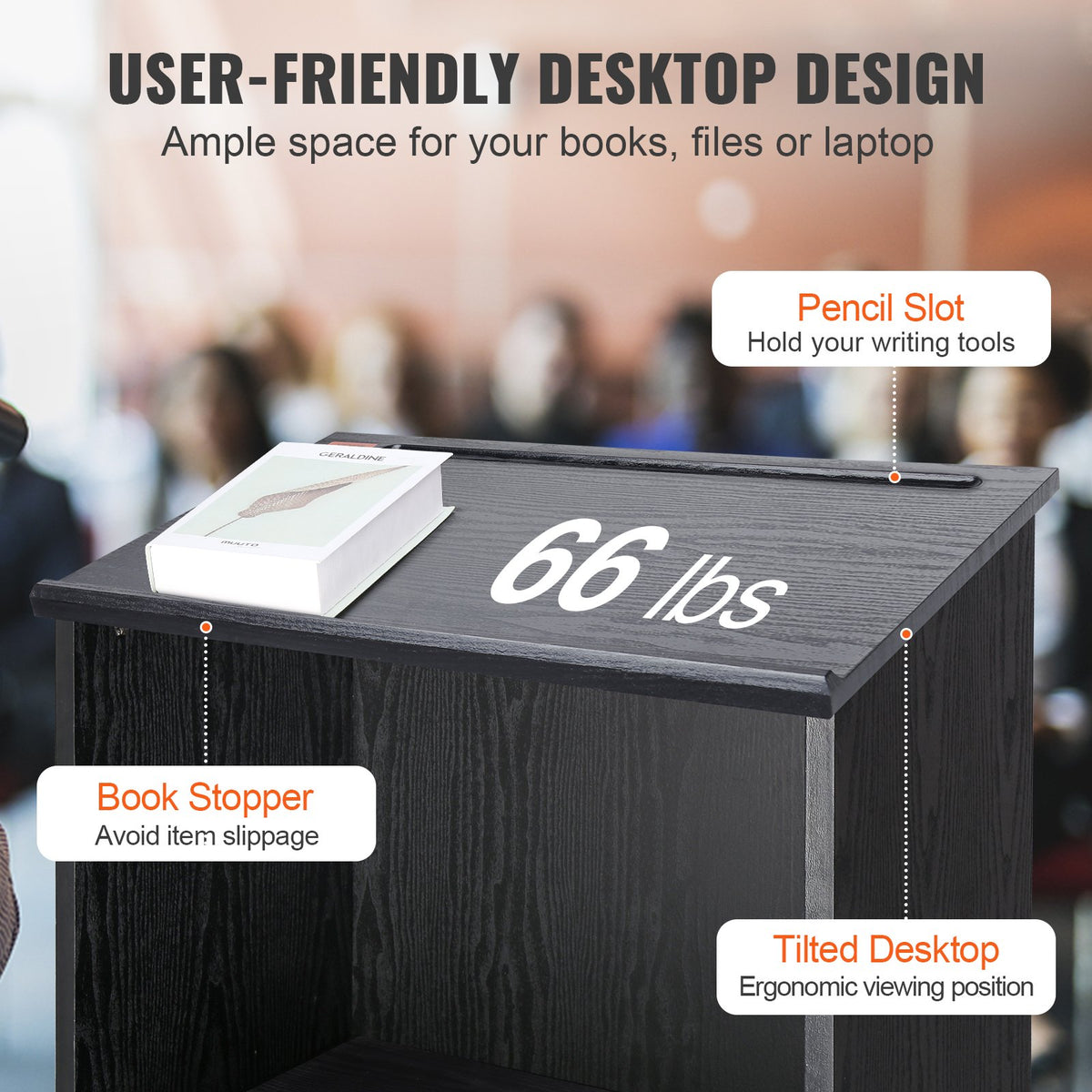 VEVOR Podium Stand, 47 in Hostess Stand with 4 Rolling Wheels, Wood Podium with Storage Shelves, and Slant Desktop, Lecterns & Podiums for Church, Office, School, Home, Black