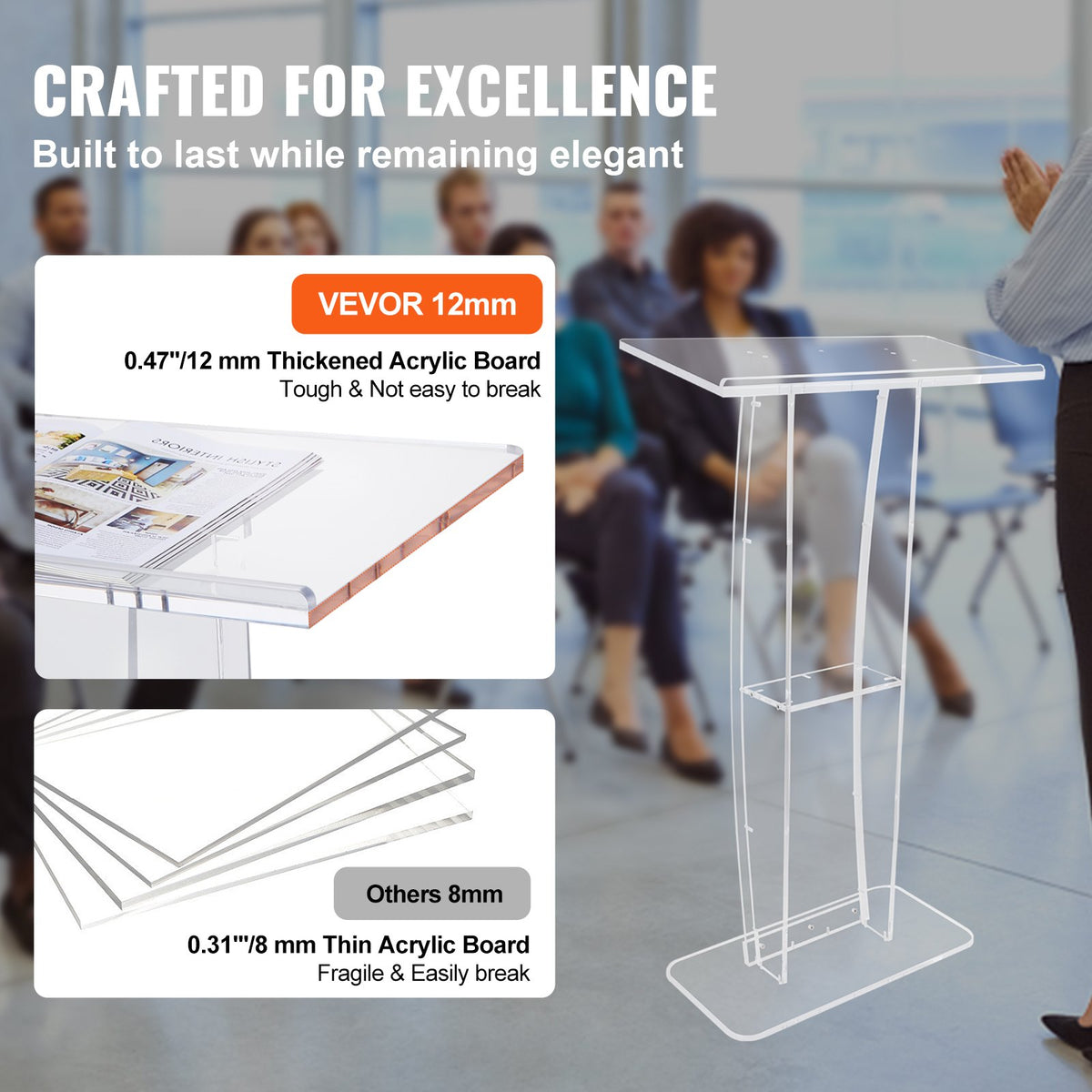 VEVOR Acrylic Podium, 47" Tall, Clear Acrylic Podium Stand with Wide Reading Surface & Storage Shelf, Floor-standing Clear Pulpits Acrylic for Church Office School