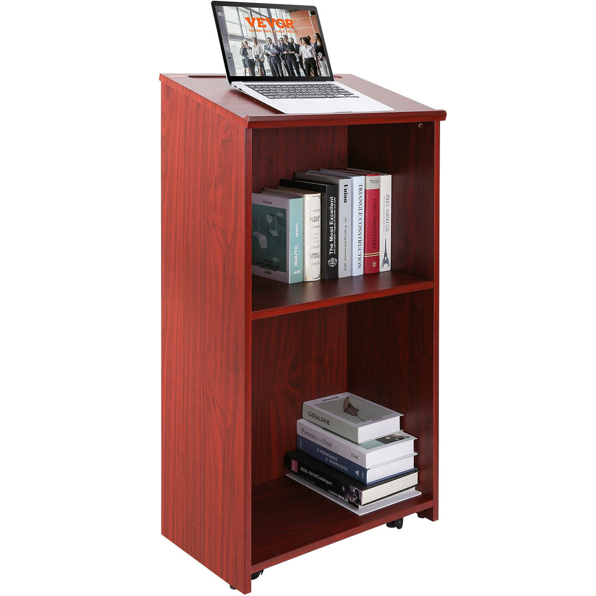 VEVOR Podium Stand, 47 in Hostess Stand with 4 Rolling Wheels, Wood Podium with Storage Shelves, and Slant Desktop, Lecterns &amp; Podiums for Church, Office, School, Home, Brown
