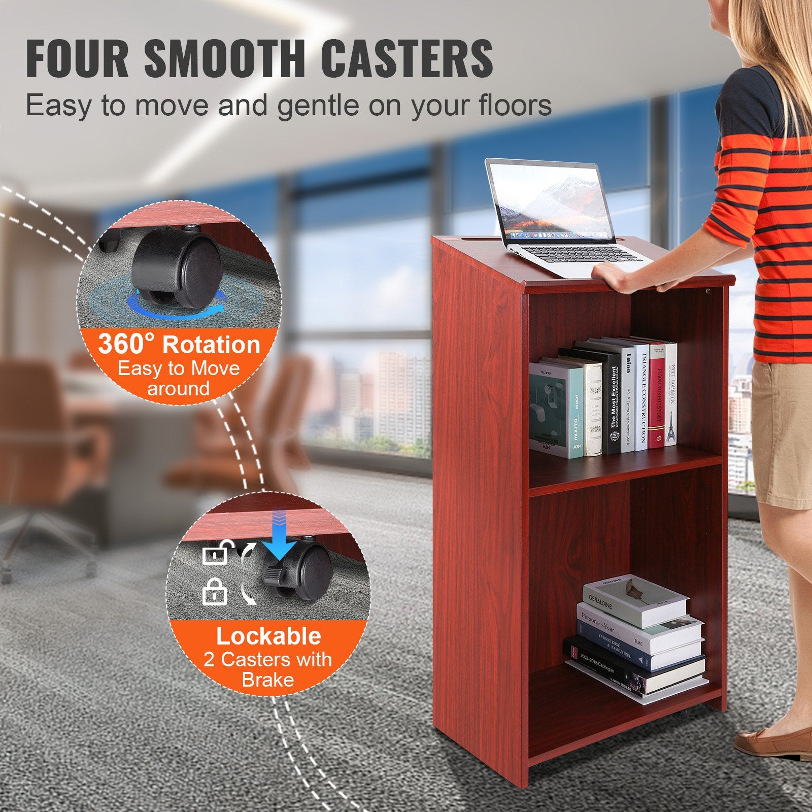 VEVOR Podium Stand, 47 in Hostess Stand with 4 Rolling Wheels, Wood Podium with Storage Shelves, and Slant Desktop, Lecterns & Podiums for Church, Office, School, Home, Brown