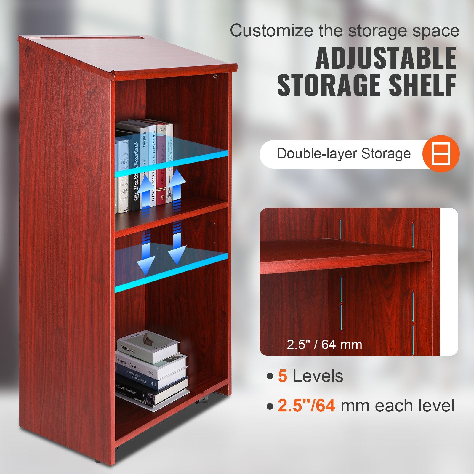 VEVOR Podium Stand, 47 in Hostess Stand with 4 Rolling Wheels, Wood Podium with Storage Shelves, and Slant Desktop, Lecterns & Podiums for Church, Office, School, Home, Brown