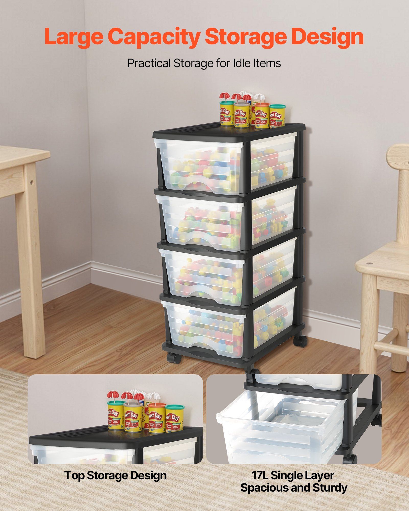 Plastic Storage Drawers Cart, 4 Drawers Storage Organizer with Wheels, Rolling Closet Organization and Storage Dividers, Dresser Organizer Clear Bins for Office Supplies, Craft Rooms, Classrooms