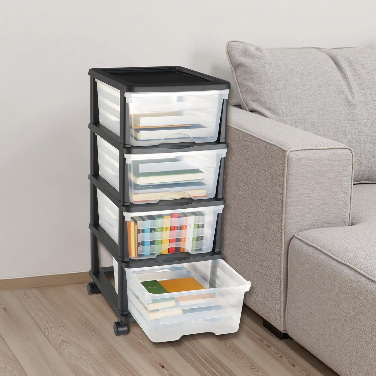 Plastic Storage Drawers Cart, 4 Drawers Storage Organizer with Wheels, Rolling Closet Organization and Storage Dividers, Dresser Organizer Clear Bins for Office Supplies, Craft Rooms, Classrooms