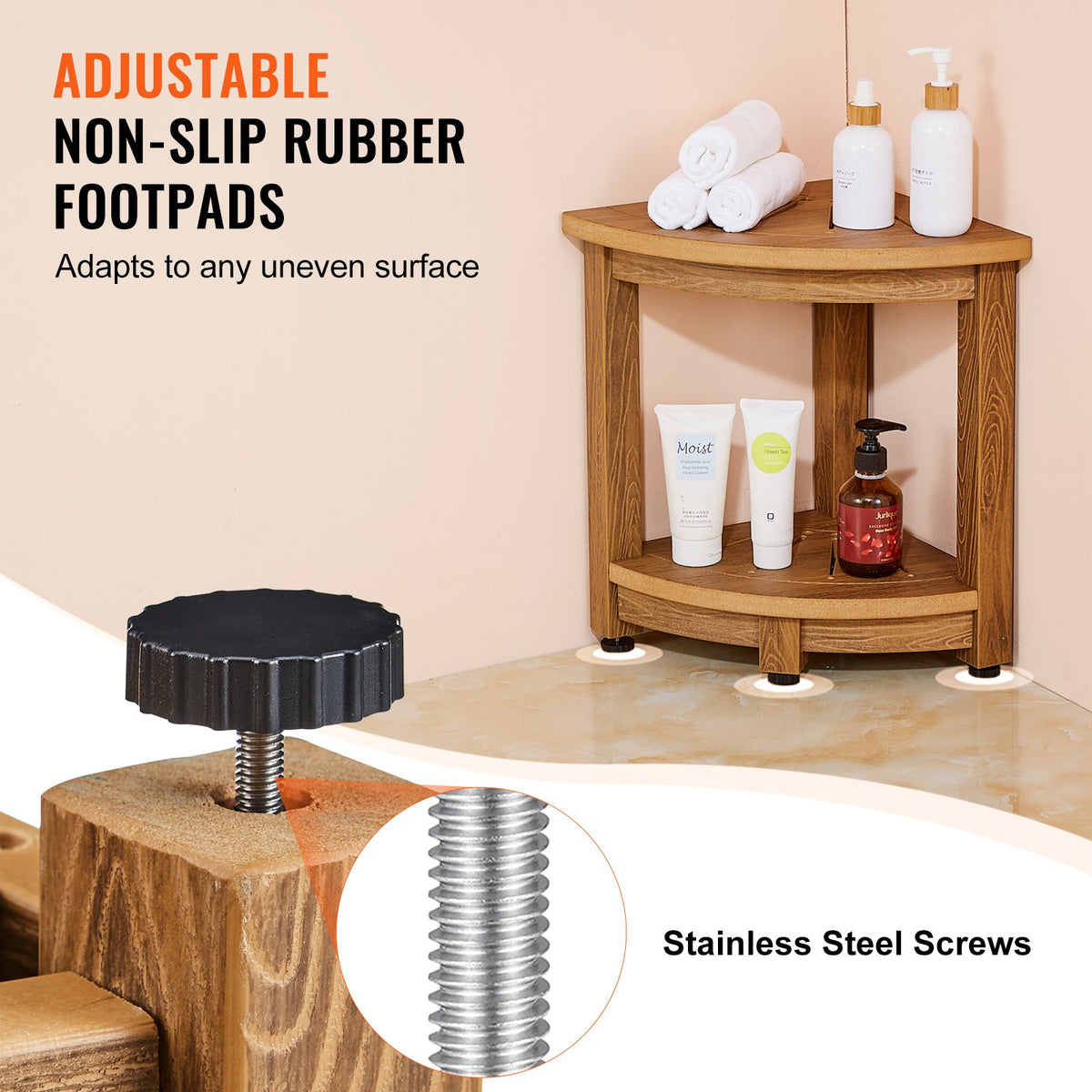 VEVOR Corner Shower Bench, 16.5" Height 12.8" Radius, Faux Wood Grain Polystyrene, 158KGS with Storage Shelf, Water Resistant, Shower Stool for Inside & Outside Shower, for Bathroom, Living Room