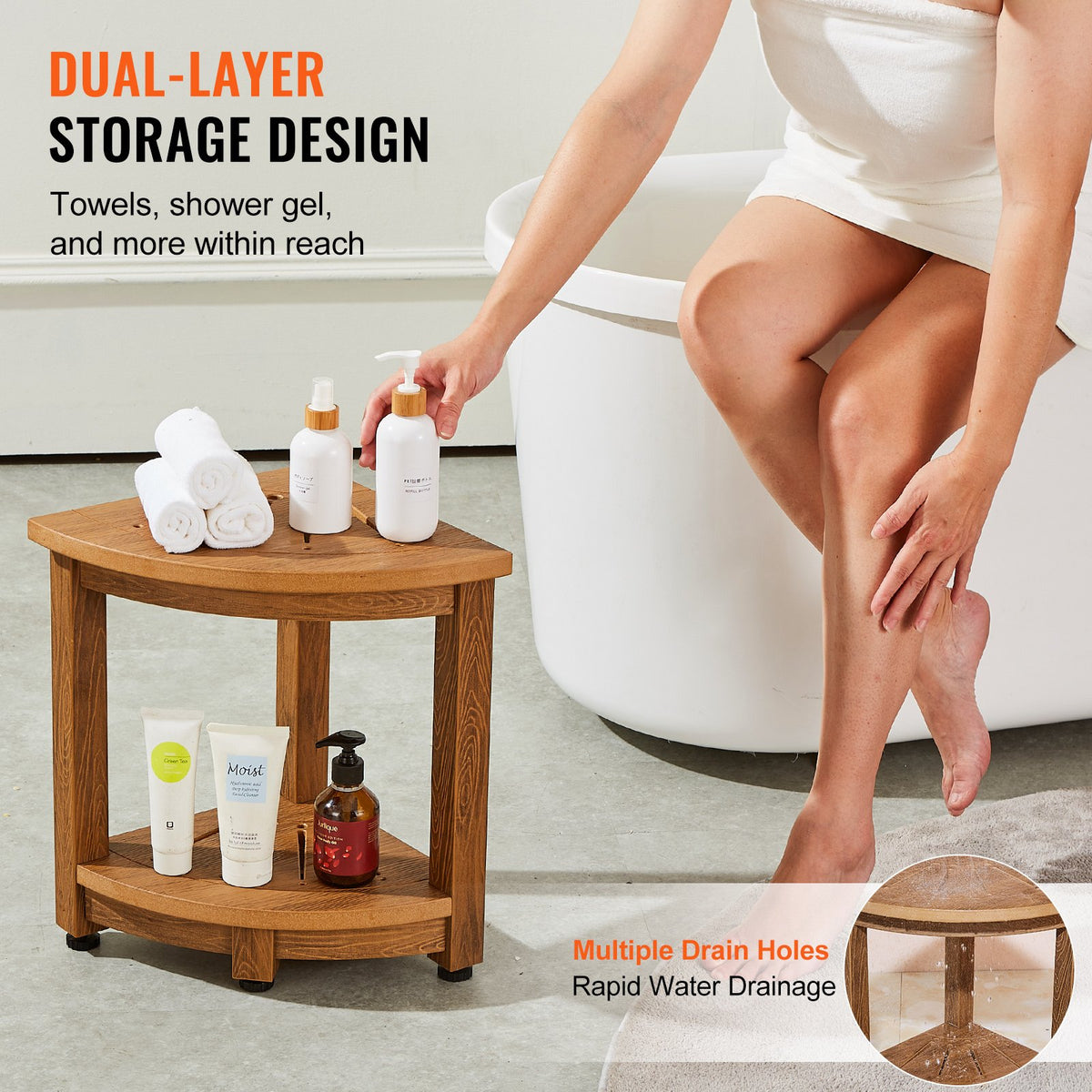 VEVOR Corner Shower Bench, 16.5" Height 12.8" Radius, Faux Wood Grain Polystyrene, 158KGS with Storage Shelf, Water Resistant, Shower Stool for Inside & Outside Shower, for Bathroom, Living Room