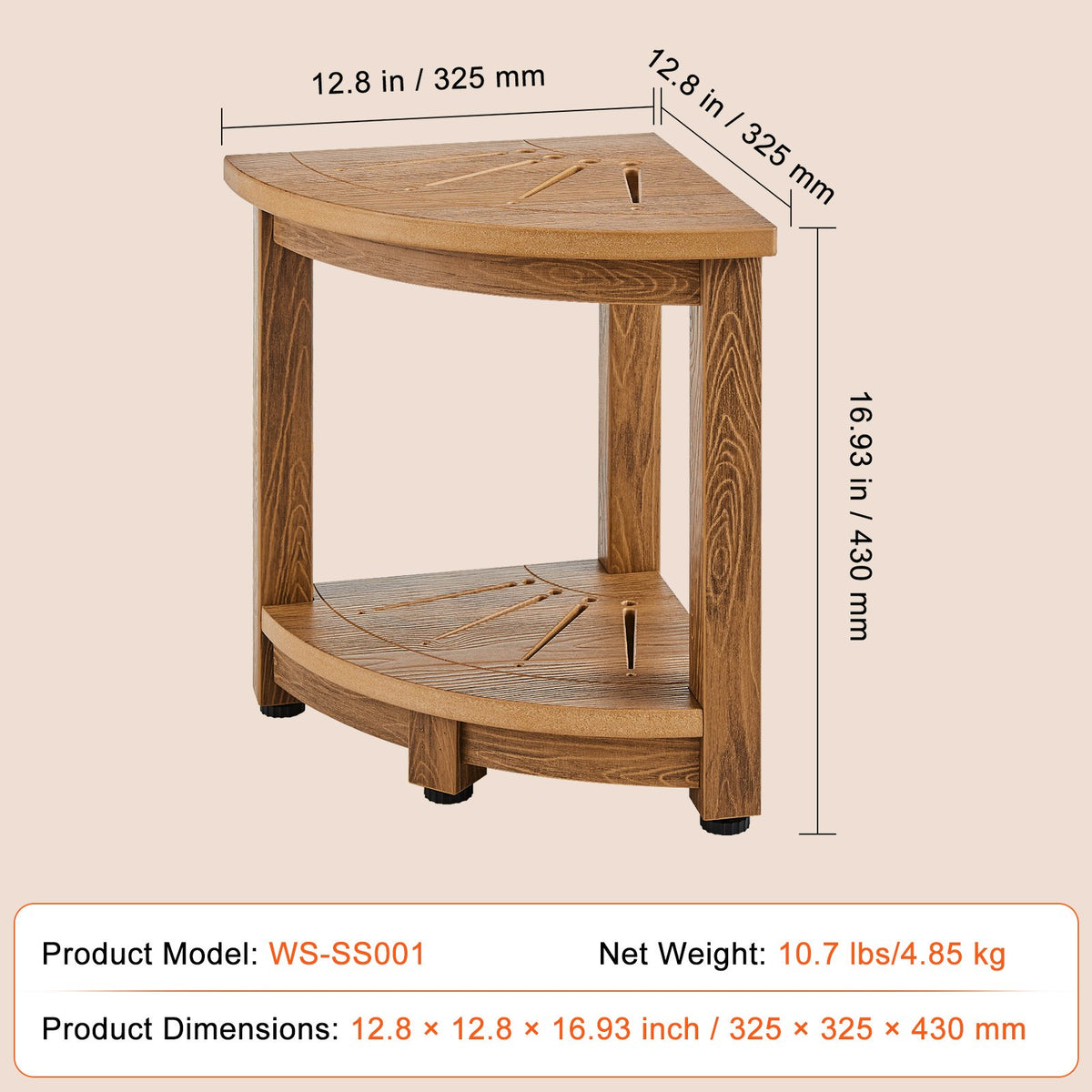 VEVOR Corner Shower Bench, 16.5" Height 12.8" Radius, Faux Wood Grain Polystyrene, 158KGS with Storage Shelf, Water Resistant, Shower Stool for Inside & Outside Shower, for Bathroom, Living Room