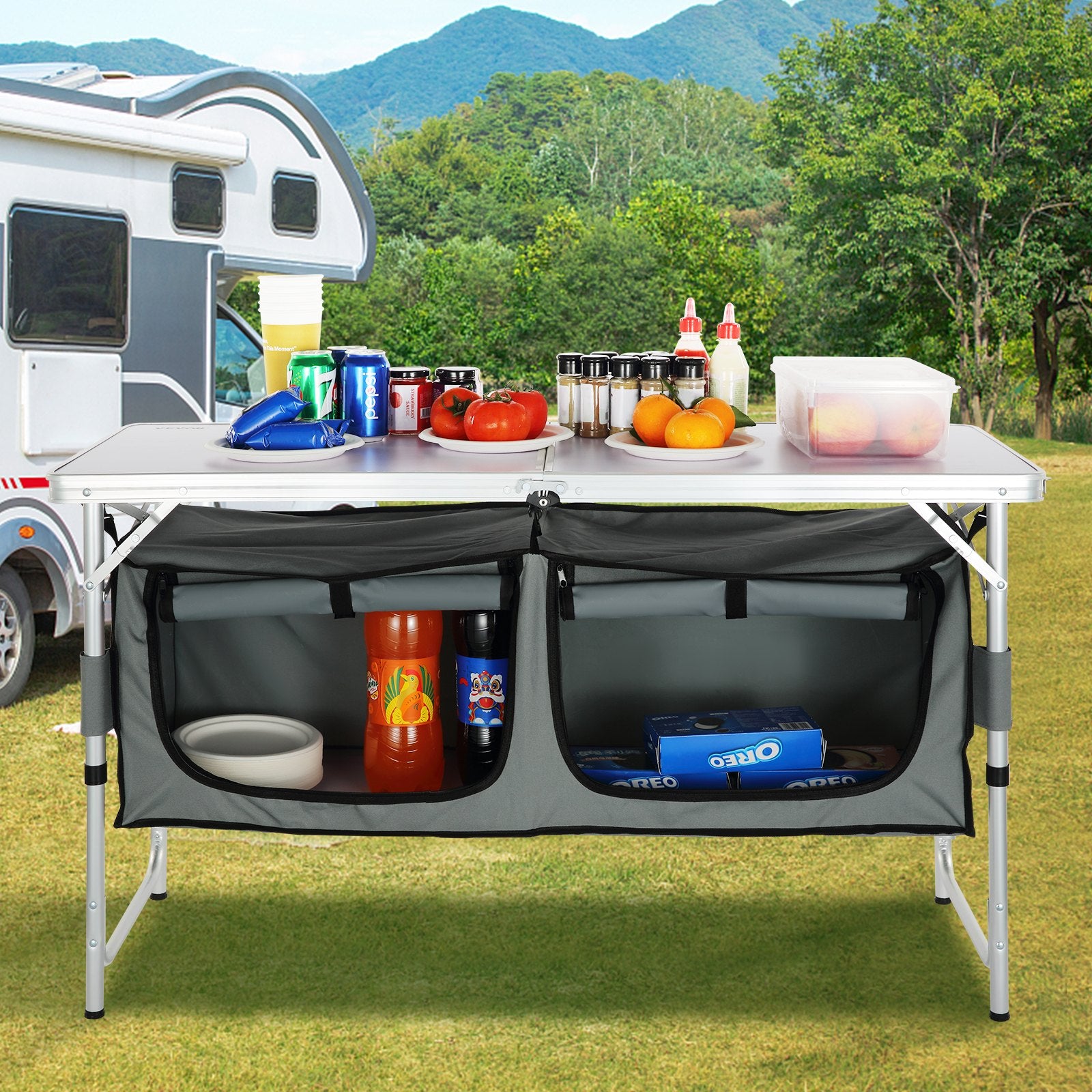 VEVOR Camping Kitchen Table, Quick set-up Folding Camping Table with A Carrying Bag, 3 Adjustable Heights, MDF Camping Table, Ideal for Outdoor Picnics, BBQs, Camping, RV Traveling