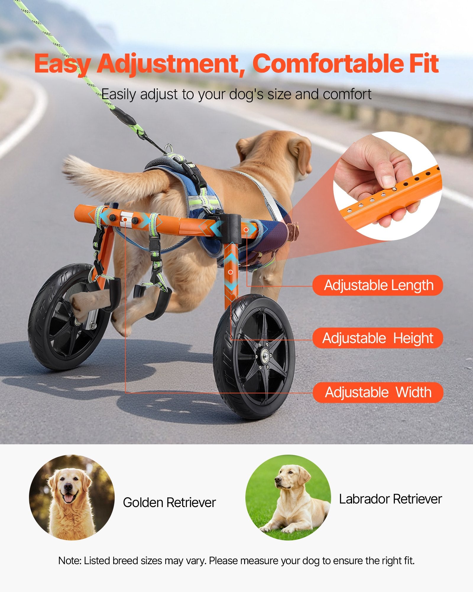VEVOR Dog Wheelchair for Back Legs, Lightweight 2 Wheels Pet Wheelchair, Height, Width & Length Adjustable, Dog Cart with Shock-Absorbing Wheels, for Injured, Disabled Dogs 15.8-21.7 kg, Medium