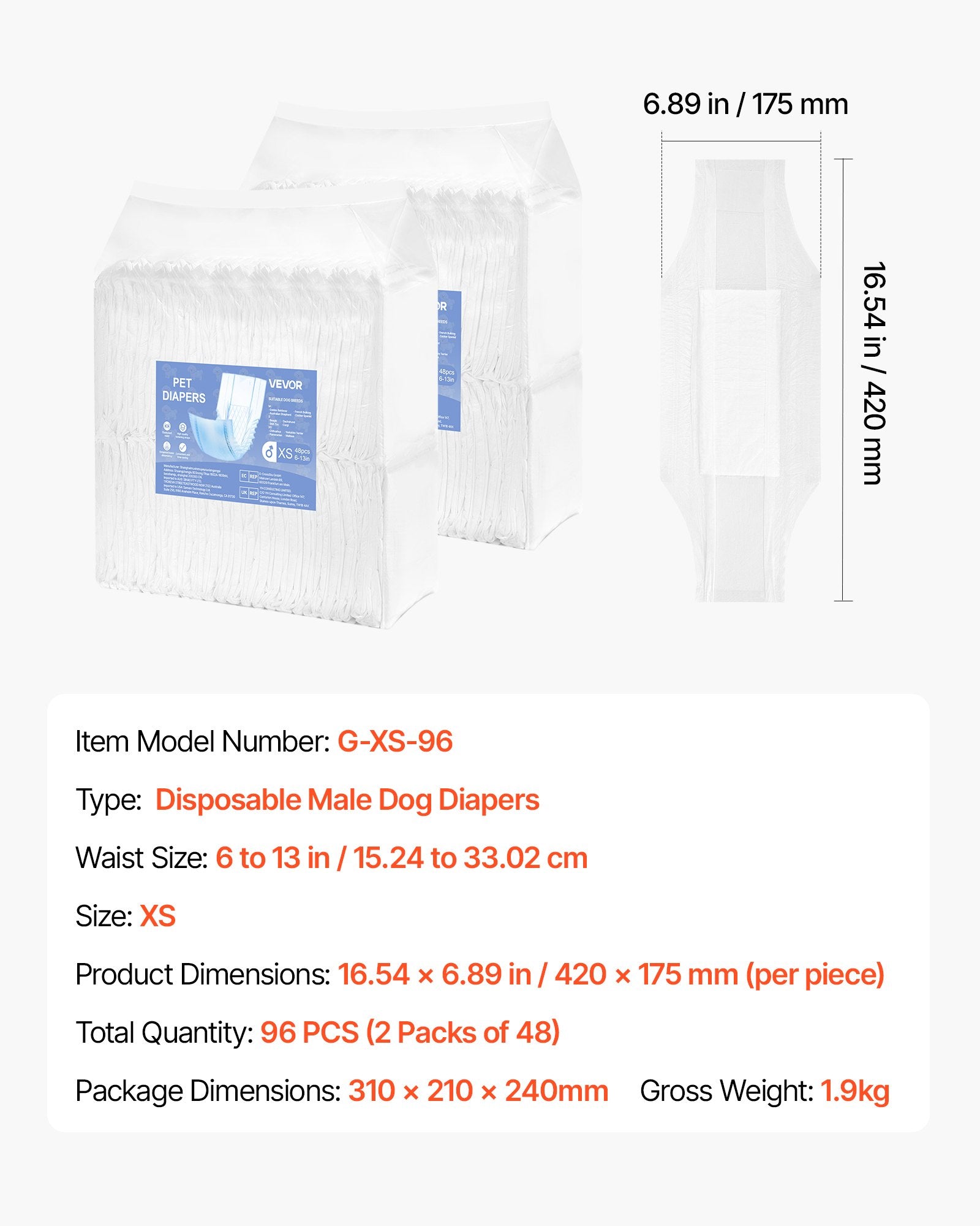 VEVOR Disposable Male Dog Diapers, Super Absorbent Male Dog Wraps, 360 ° Leak-Proof Belly Bands with Wetness Indicator for Doggies in Heat, Training, Incontinence - XS, 96 Count (2 Packs of 48)