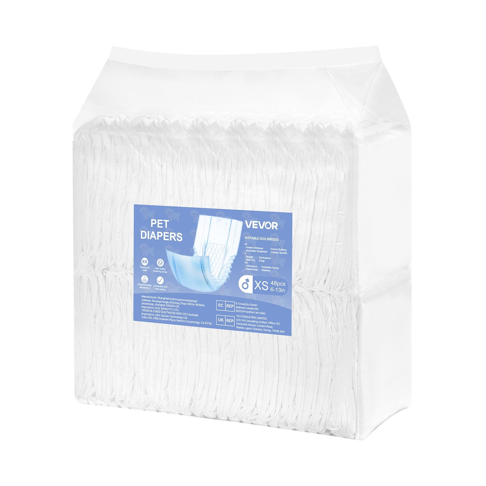 VEVOR Disposable Male Dog Diapers, Super Absorbent Male Dog Wraps, 360 ° Leak-Proof Belly Bands with Wetness Indicator for Doggies in Heat, Training, Incontinence - XS, 96 Count (2 Packs of 48)