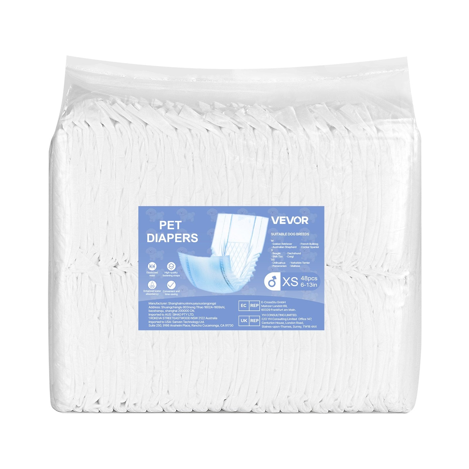 VEVOR Disposable Male Dog Diapers, Super Absorbent Male Dog Wraps, 360 ° Leak-Proof Belly Bands with Wetness Indicator for Doggies in Heat, Training, Incontinence - XS, 96 Count (2 Packs of 48)