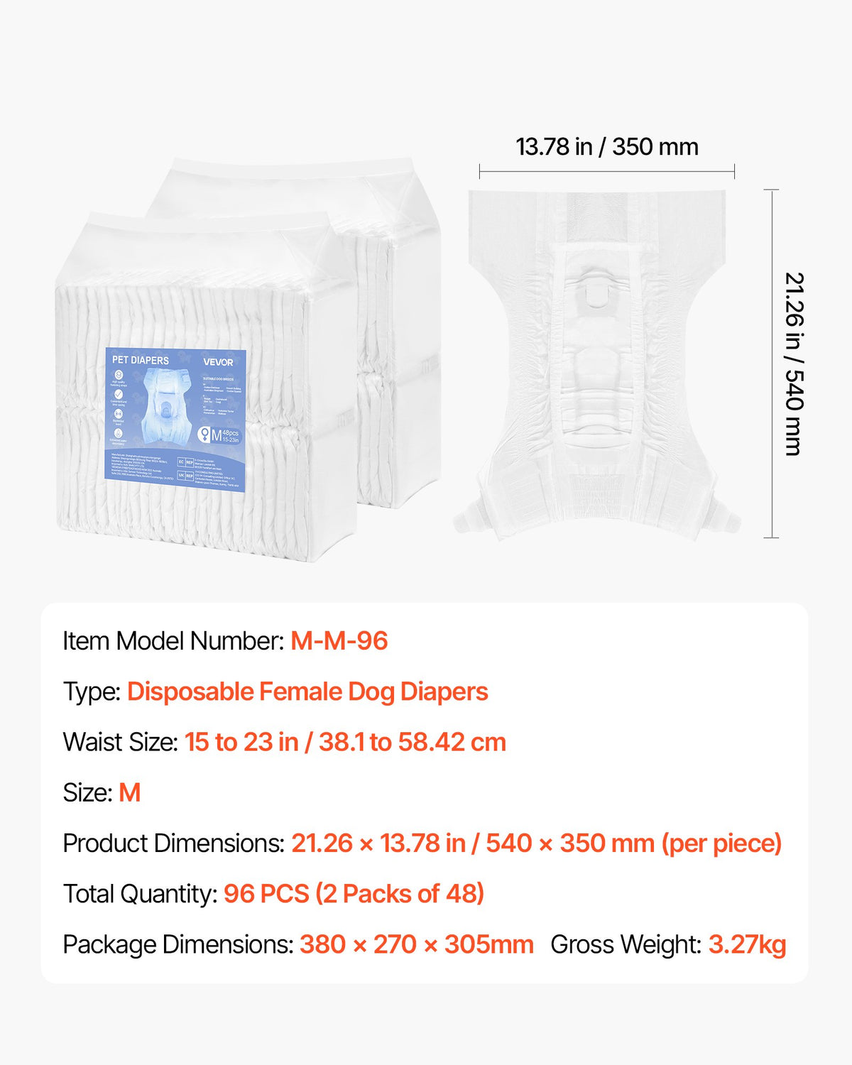 VEVOR Disposable Dog Diapers, Super Absorbent Female Dog Diapers, 360° Leak-Proof Female Doggy Pet Diaper with Wetness Indicator for Heat Period, Training, Incontinence - M, 96 Count (2 Packs of 48)