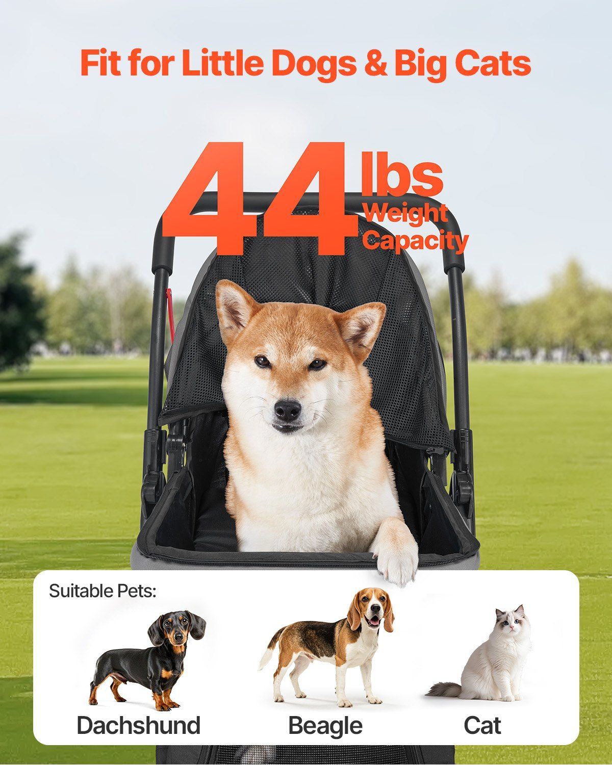 Pet Stroller, 20KG Weight Capacity, Foldable Dog Stroller Cart, 4 Wheels Cats Stroller with Mesh Windows & Revrsible Handle, Portable Pet Carrier Stroller with Brake, for Small to Medium Pets