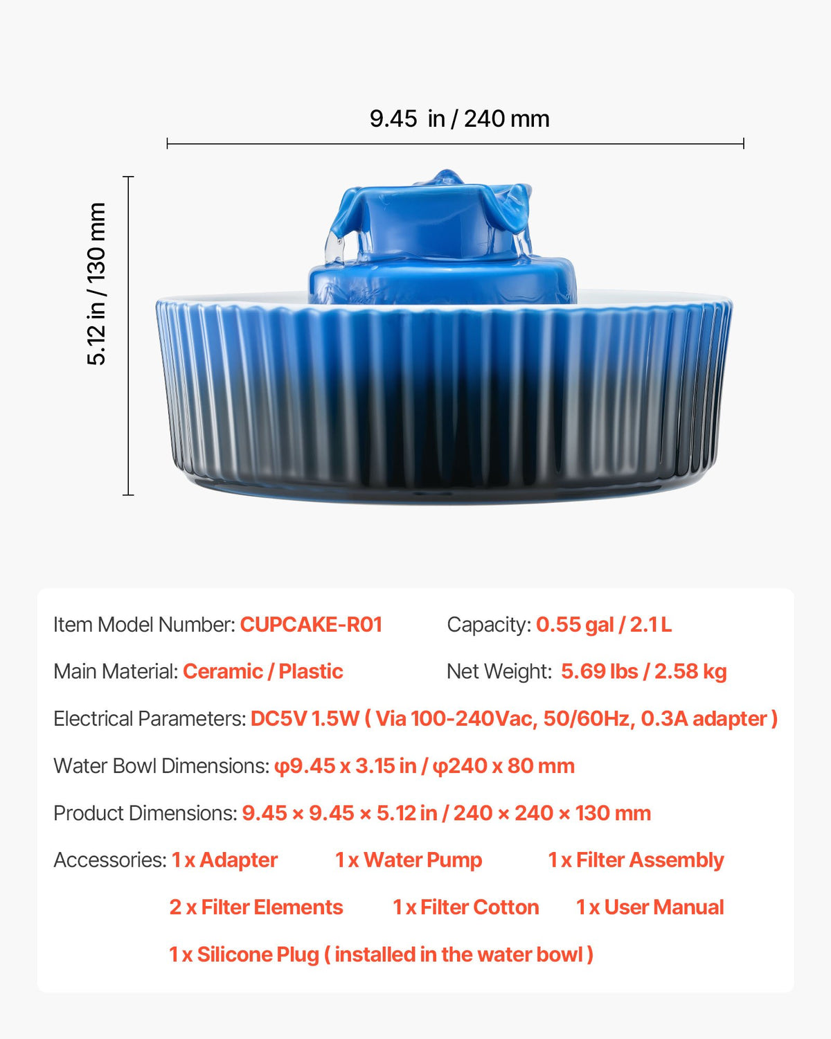 VEVOR Ceramic Cat Water Fountain, 2.1 L Cupcake Pet Fountain, Porcelain Cat Water Dispenser with Ultra-Quiet Pump, 360° Drinking Area and Multi-Layer Filtration System, for Cats & Dogs Drinking(Blue)