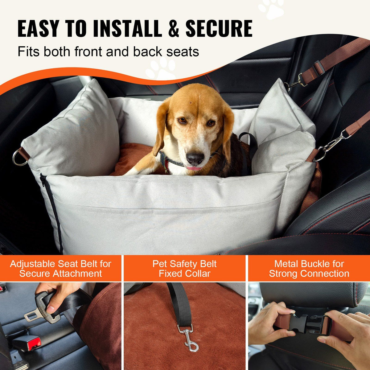 Dog Car Seat, Waterproof Dog Booster Seat for Car with Side Handles and A Storage Pocket, Clip-On Safety Leash and PP Cotton Filling, Dog Car Bed for Small Dog up to 11.3 kg, Gray