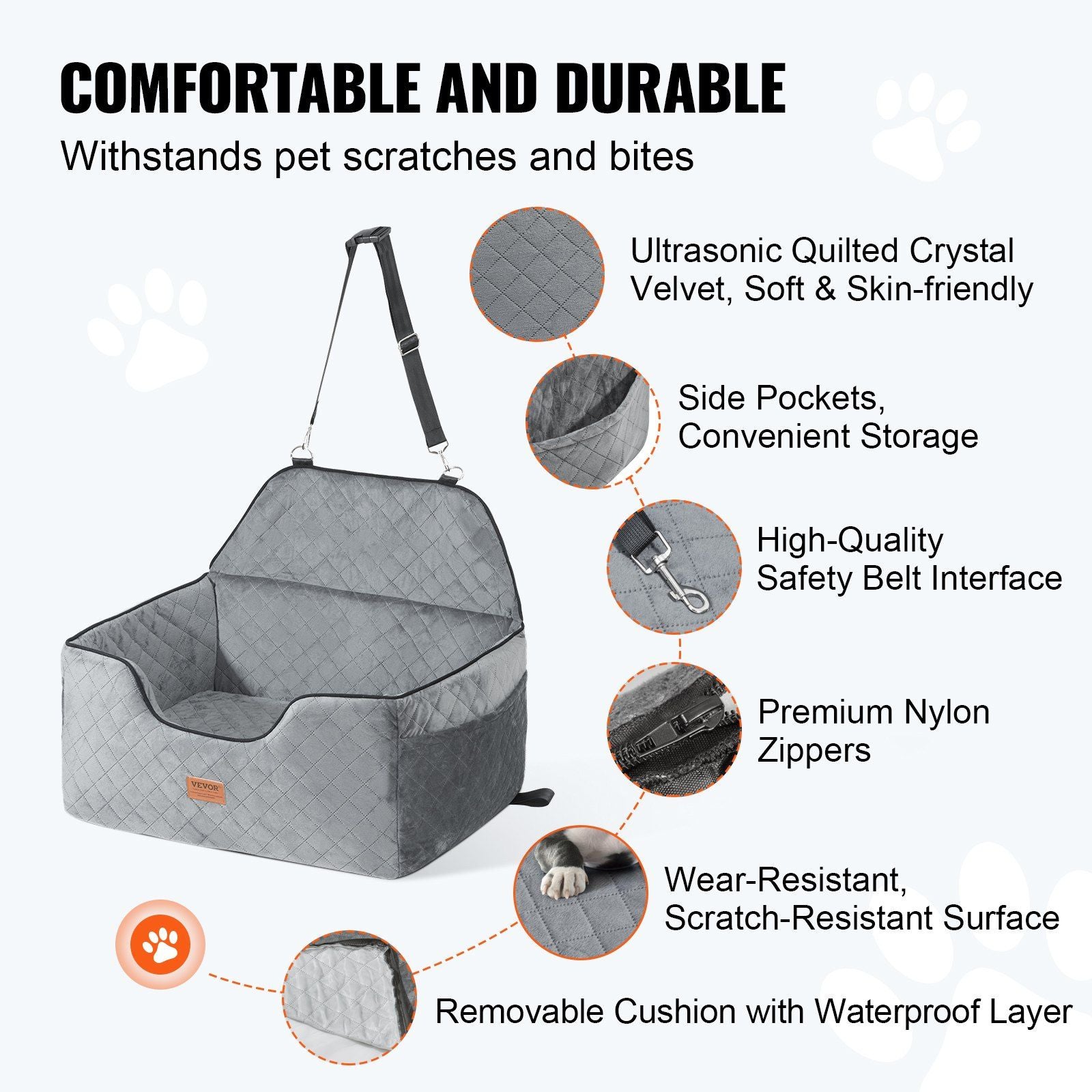 Dog Car Seat, Dog Booster Seat for Car with A Storage Pocket, Pet Car Seat with Clip-On Safety Leash, Sponge Filling, Dog Car Bed for Medium & Large Dog up to 24.9 kg, Gray