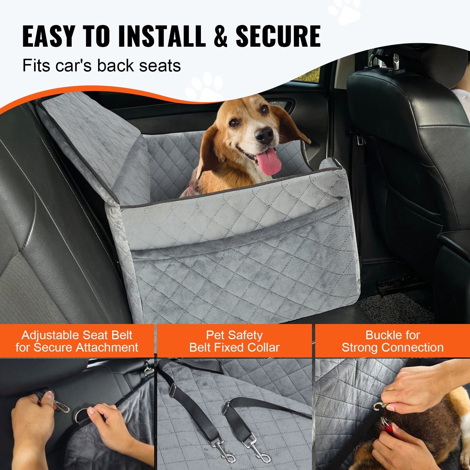 Dog Car Seat, Dog Booster Seat for Car with A Storage Pocket, Pet Car Seat with Clip-On Safety Leash, Sponge Filling, Dog Car Bed for Medium & Large Dog up to 24.9 kg, Gray