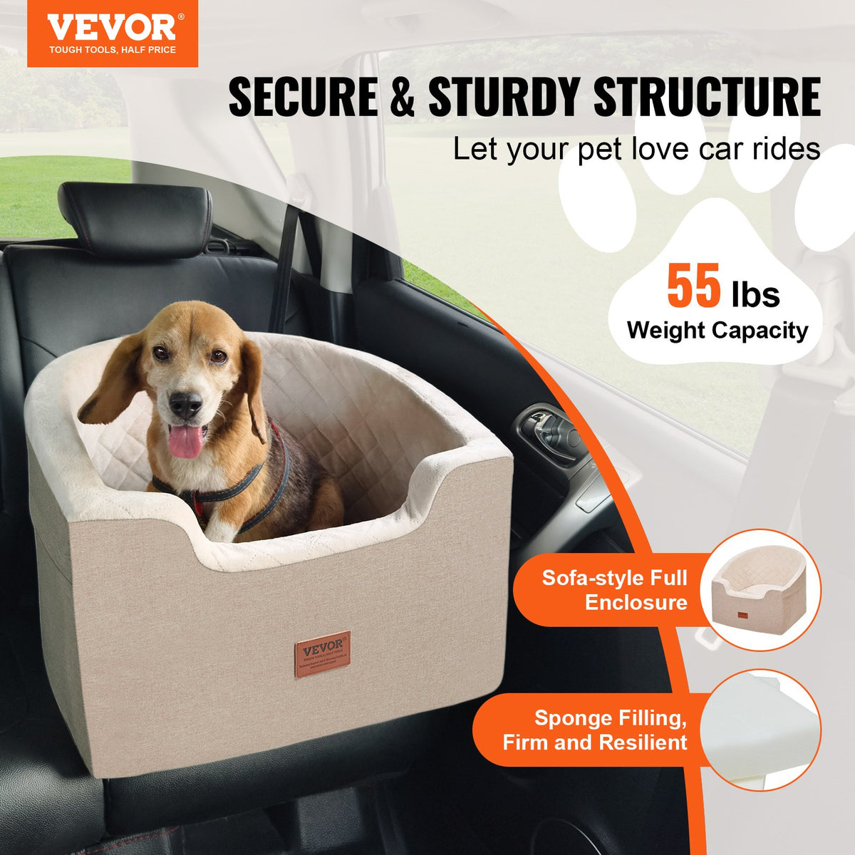 VEVOR Dog Car Seat, Waterproof Dog Booster Seat for Car with A Storage Pocket, Clip-On Safety Leash and Sponge Filling, Dog Car Bed for Small & Medium Dog up to 24.9 kg, Brown