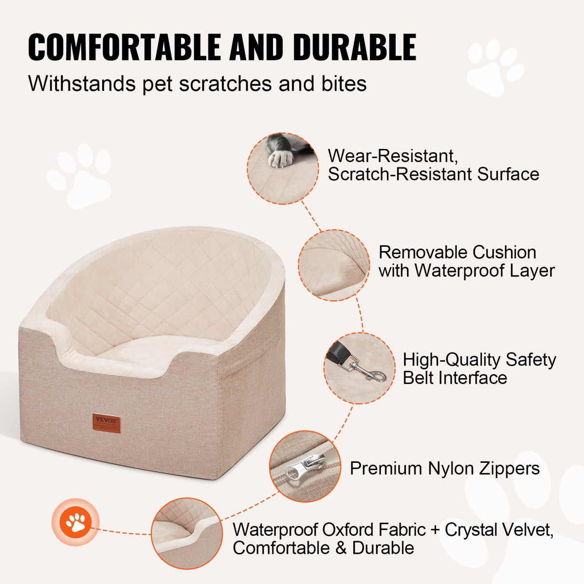 VEVOR Dog Car Seat, Waterproof Dog Booster Seat for Car with A Storage Pocket, Clip-On Safety Leash and Sponge Filling, Dog Car Bed for Small & Medium Dog up to 24.9 kg, Brown