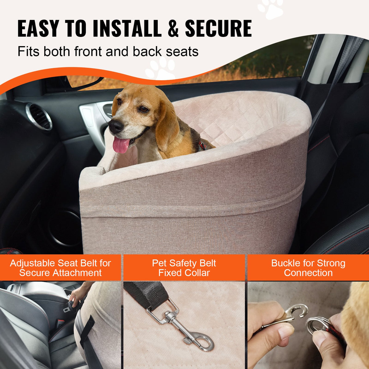 VEVOR Dog Car Seat, Waterproof Dog Booster Seat for Car with A Storage Pocket, Clip-On Safety Leash and Sponge Filling, Dog Car Bed for Small & Medium Dog up to 24.9 kg, Brown