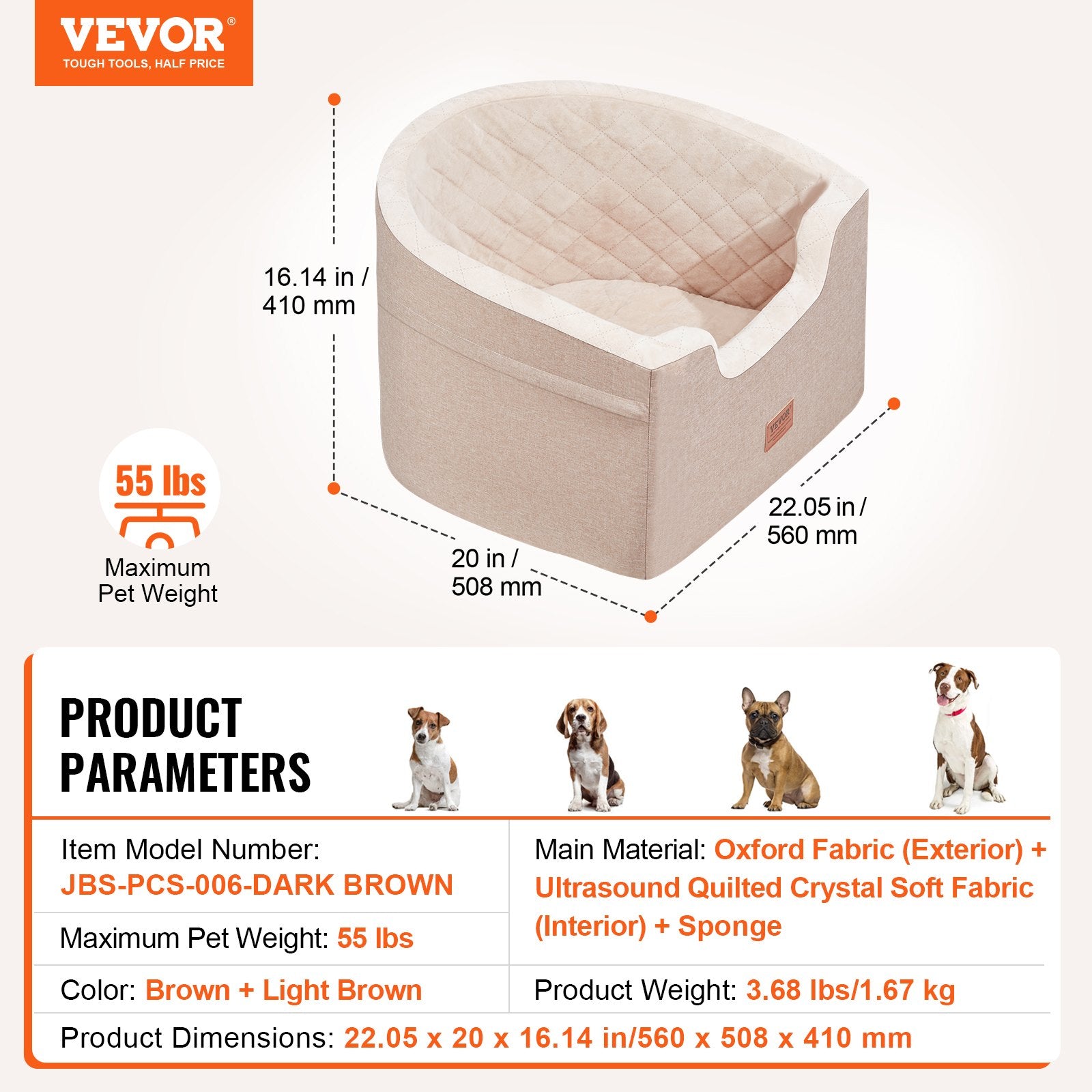 VEVOR Dog Car Seat, Waterproof Dog Booster Seat for Car with A Storage Pocket, Clip-On Safety Leash and Sponge Filling, Dog Car Bed for Small & Medium Dog up to 24.9 kg, Brown