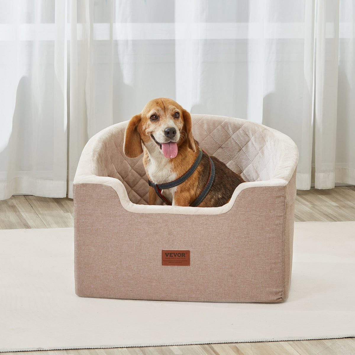 VEVOR Dog Car Seat, Waterproof Dog Booster Seat for Car with A Storage Pocket, Clip-On Safety Leash and Sponge Filling, Dog Car Bed for Small & Medium Dog up to 24.9 kg, Brown