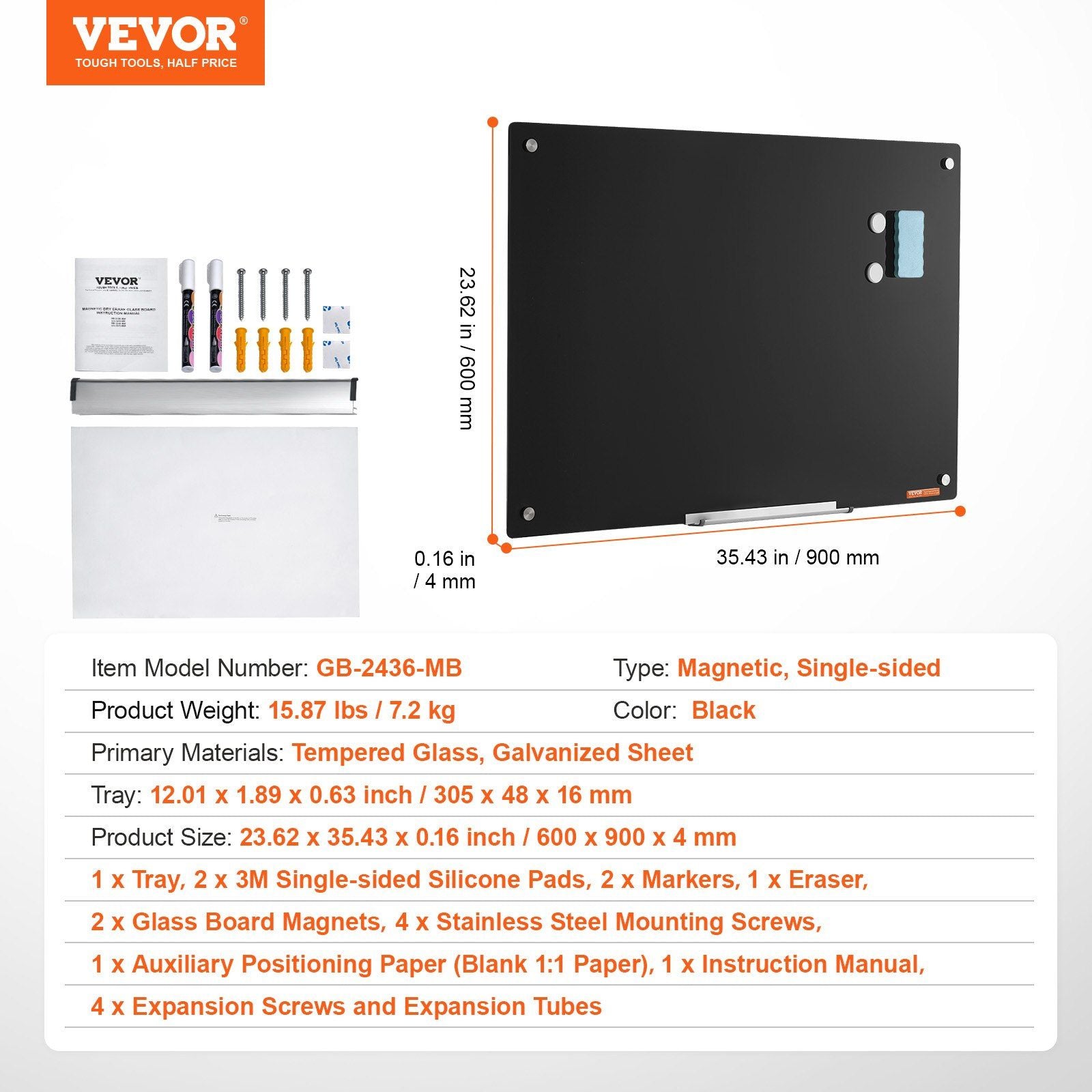 Magnetic Glass Whiteboard, Dry Erase Board 36"x24", Wall-Mounted Large White Glassboard Frameless, with Marker Tray, an Eraser and 2 Markers, Black