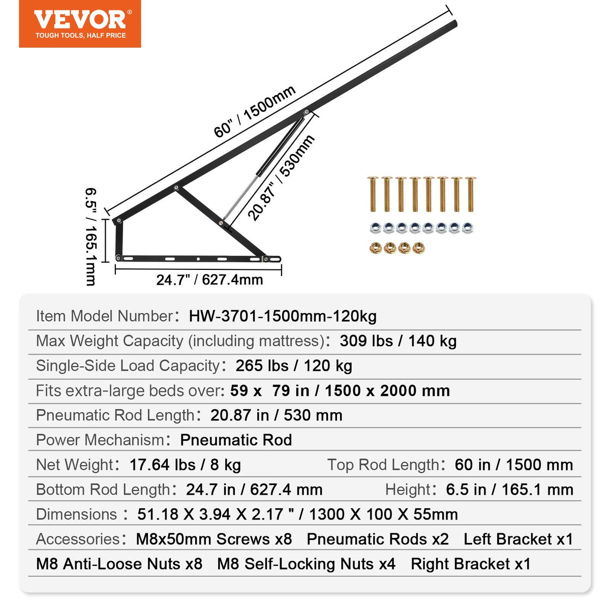 VEVOR Bed Lift, 1500x2000mm Compatible Extra-large Size 140kg Load Bearing, DIY Wall Bed Mechanical Hardware Kit Vertical Deluxe, Pneumatic Lever Heavy Duty Support, Folding for Guestroom