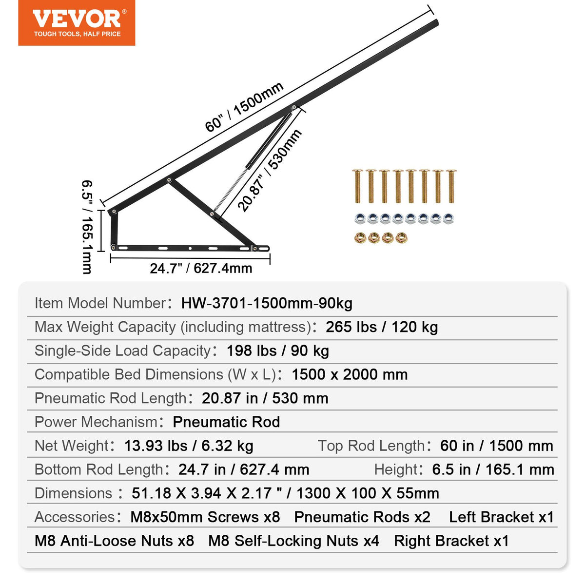VEVOR Bed Lift 59x79 in Compatible Bed Size 265 lbs Load DIY Wall Bed Hardware