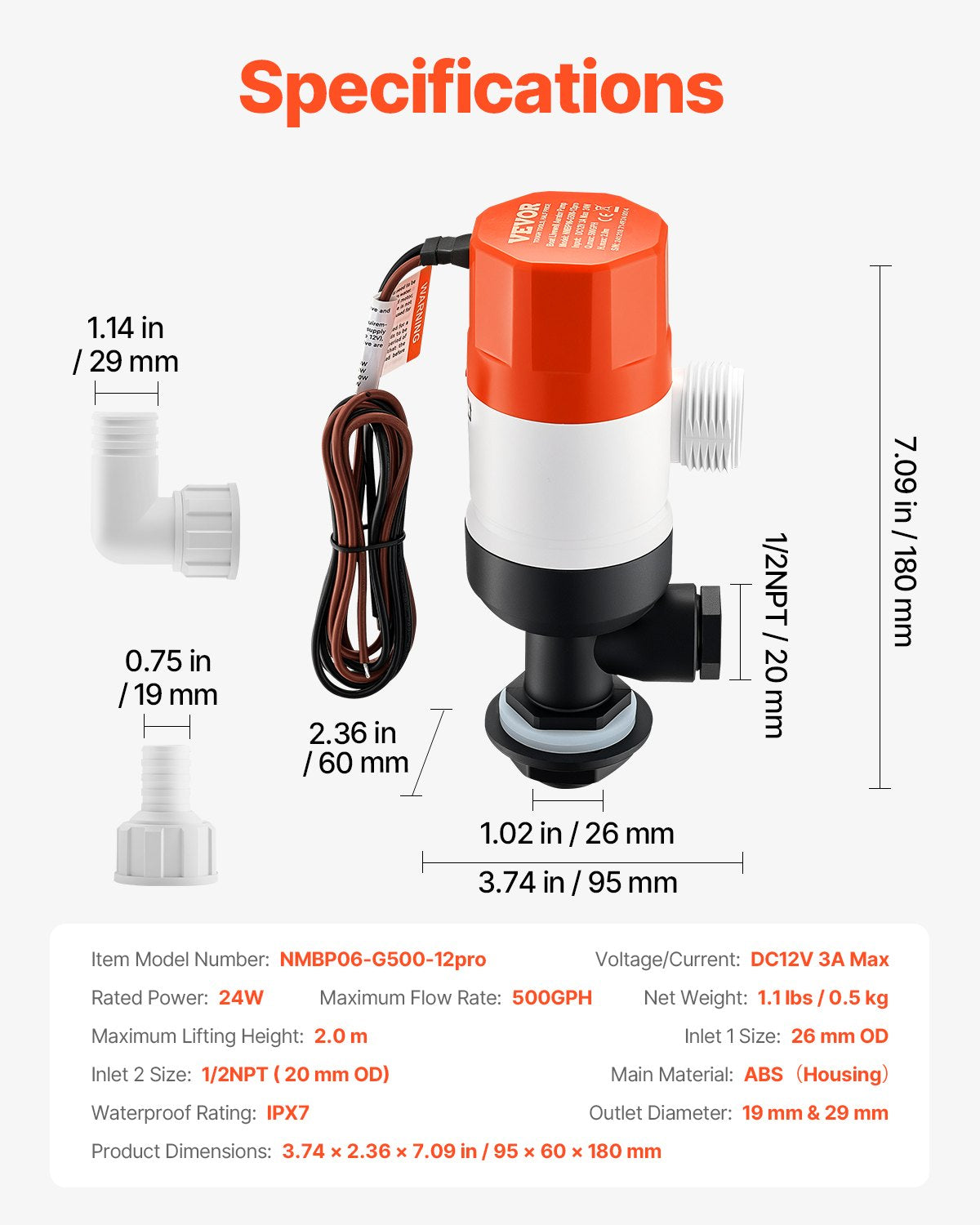 VEVOR Livewell Pump for Boat 12V 500 GPH Livewell Aerator Pump Straight 2 Inlets