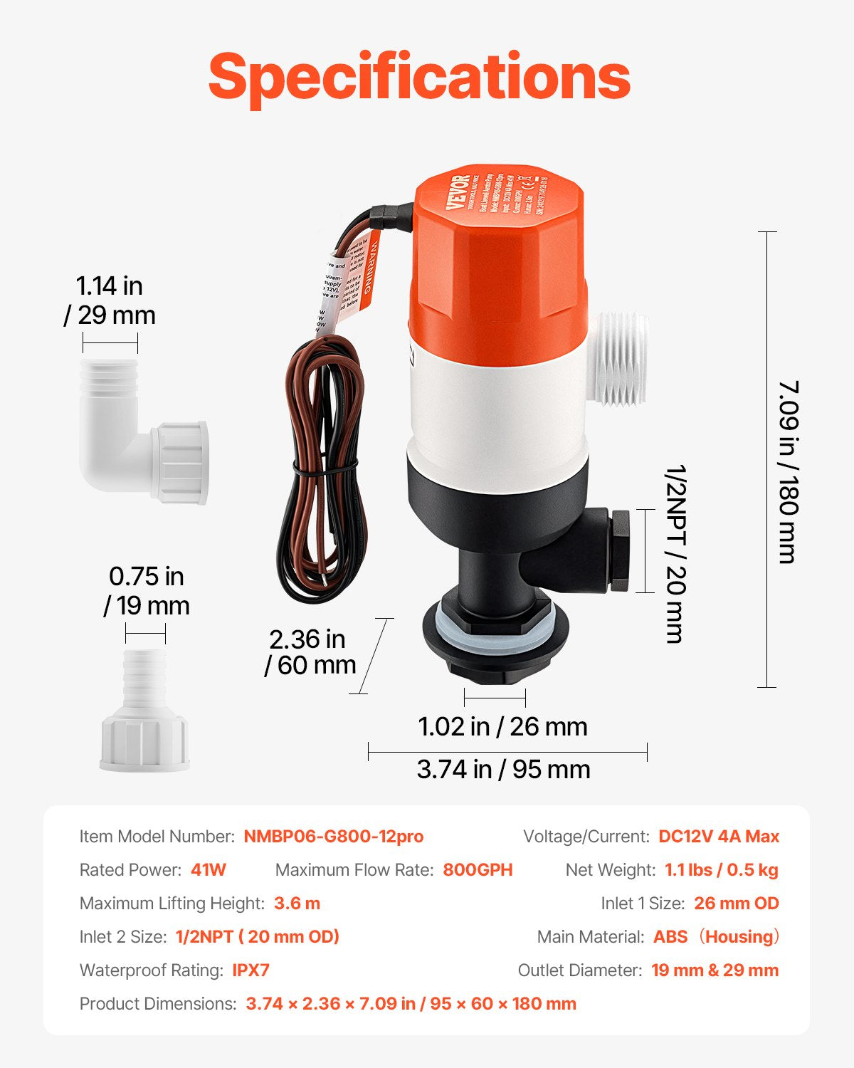 VEVOR Livewell Pump for Boat, 12V 800 GPH Straight Livewell Aerator Pump with Dual Inlet, ABA Housing & Detachable Motor Cartridge, Corrosion-Resistant Livewell/Baitwell Pump for Freshwater Saltwater