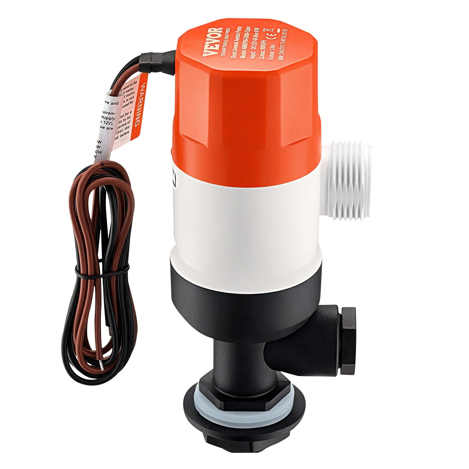 VEVOR Livewell Pump for Boat, 12V 800 GPH Straight Livewell Aerator Pump with Dual Inlet, ABA Housing & Detachable Motor Cartridge, Corrosion-Resistant Livewell/Baitwell Pump for Freshwater Saltwater