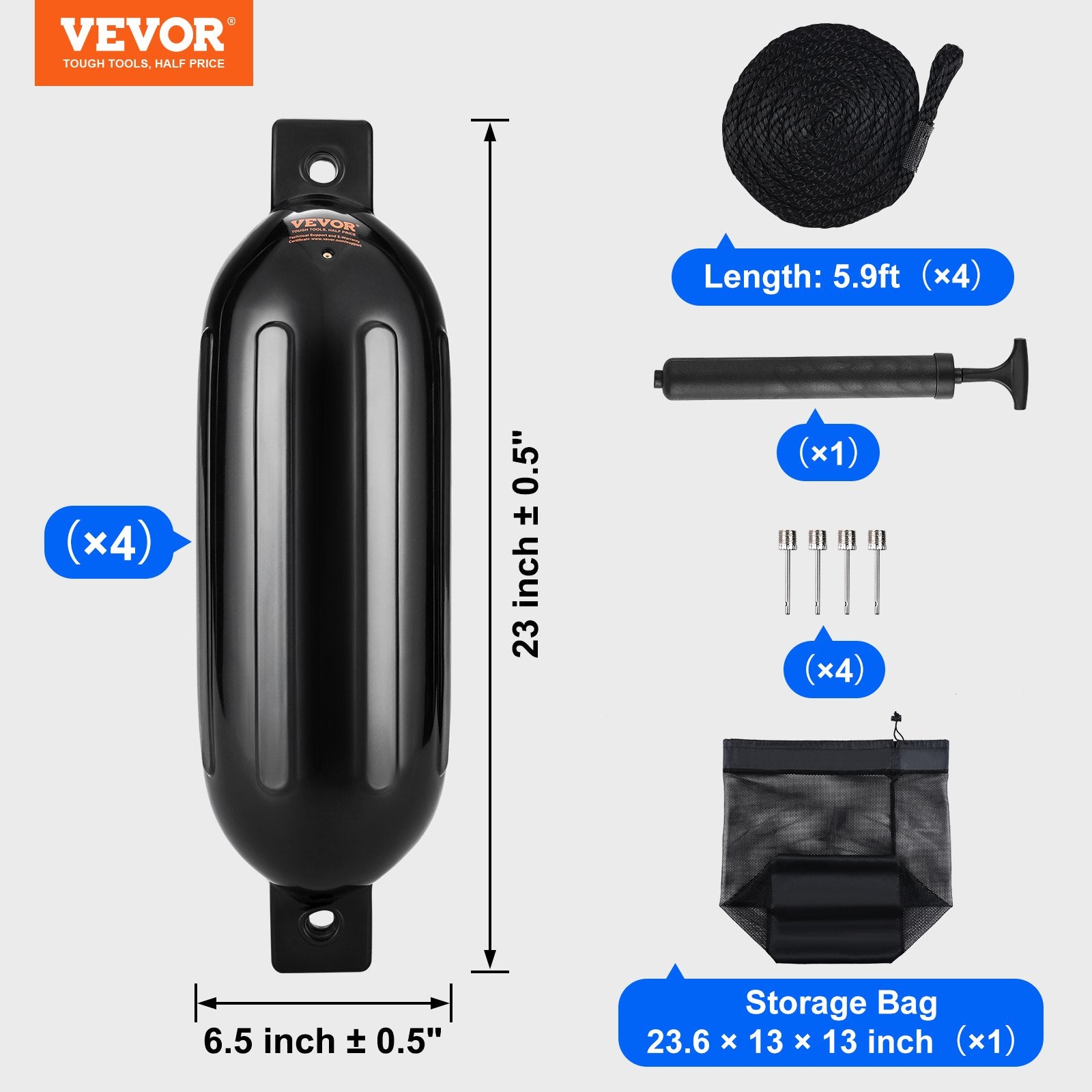 VEVOR Boat Fenders, 6.5" x 23" Boat Bumpers for Docking, Inflatable Ribbed Fender with Center Holes, Marine Boat Dock Fender Bumper with Air Pump, 4 Needles and 4 Ropes and Storage Bag, Black