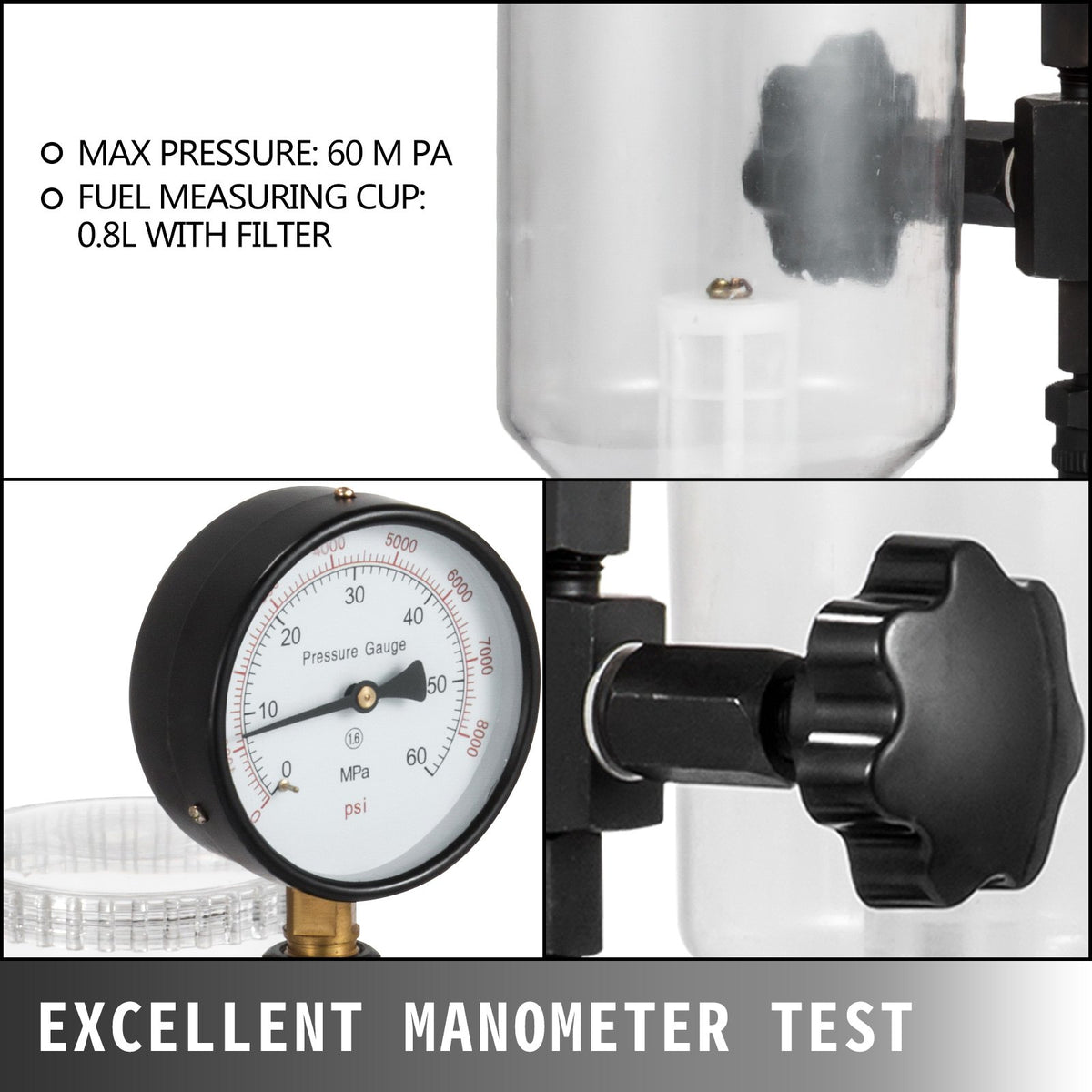 Diesel Injector Nozzle 
Pressure Tester Dual scale Manometer Test Tool 0-600Bar (0-8000PSI) 
60Mpa Test Pressure High Configuration