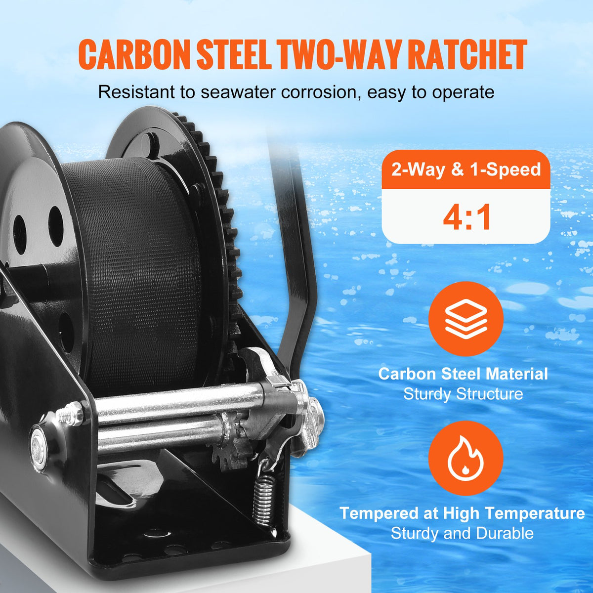 VEVOR Hand Winch, 725.7 kg Pulling Capacity, Boat Trailer Winch Heavy Duty Rope Crank with 10 m Polyester Strap and Two-Way Ratchet, Manual Operated Hand Crank Winch for Trailer, Boat or ATV Towing