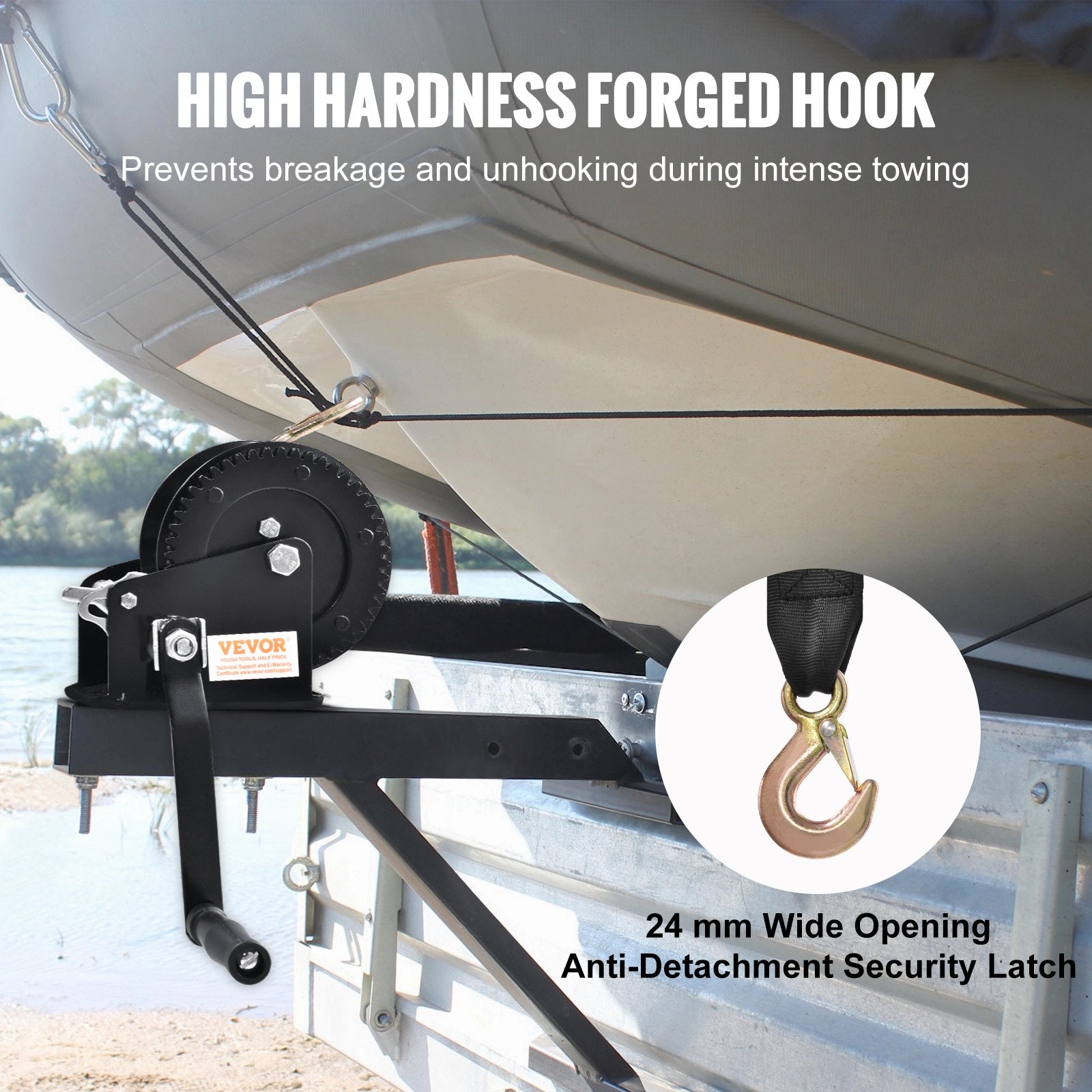 VEVOR Hand Winch, 725.7 kg Pulling Capacity, Boat Trailer Winch Heavy Duty Rope Crank with 10 m Polyester Strap and Two-Way Ratchet, Manual Operated Hand Crank Winch for Trailer, Boat or ATV Towing