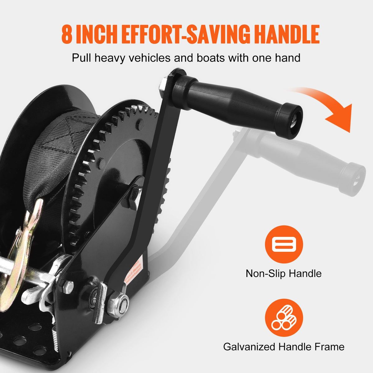 VEVOR Hand Winch, 725.7 kg Pulling Capacity, Boat Trailer Winch Heavy Duty Rope Crank with 10 m Polyester Strap and Two-Way Ratchet, Manual Operated Hand Crank Winch for Trailer, Boat or ATV Towing